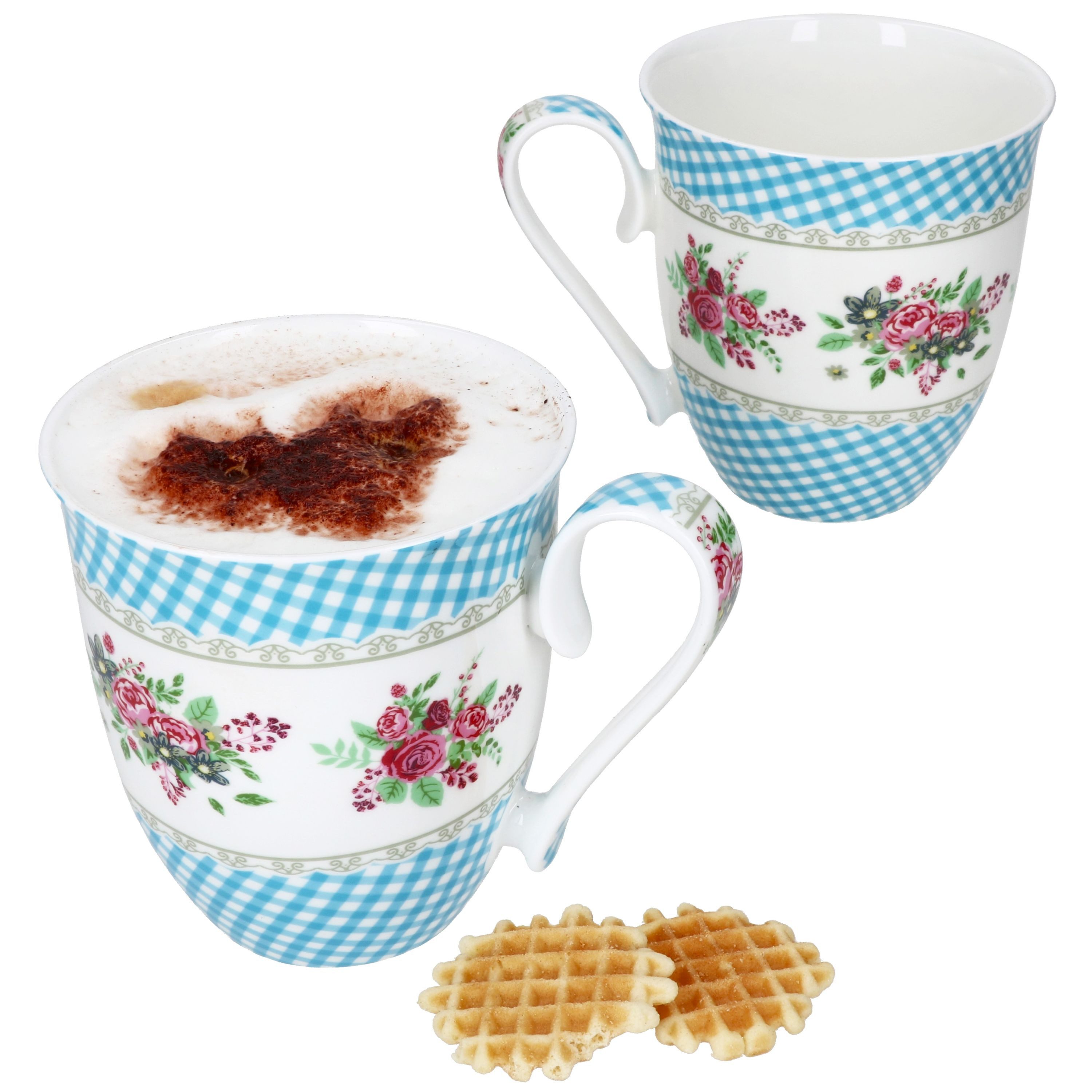 MamboCat Кружки 2er Set Blüten Blau kariert Кружки 450ml Kaffee Tee Porzellan Tasse, Porzellan