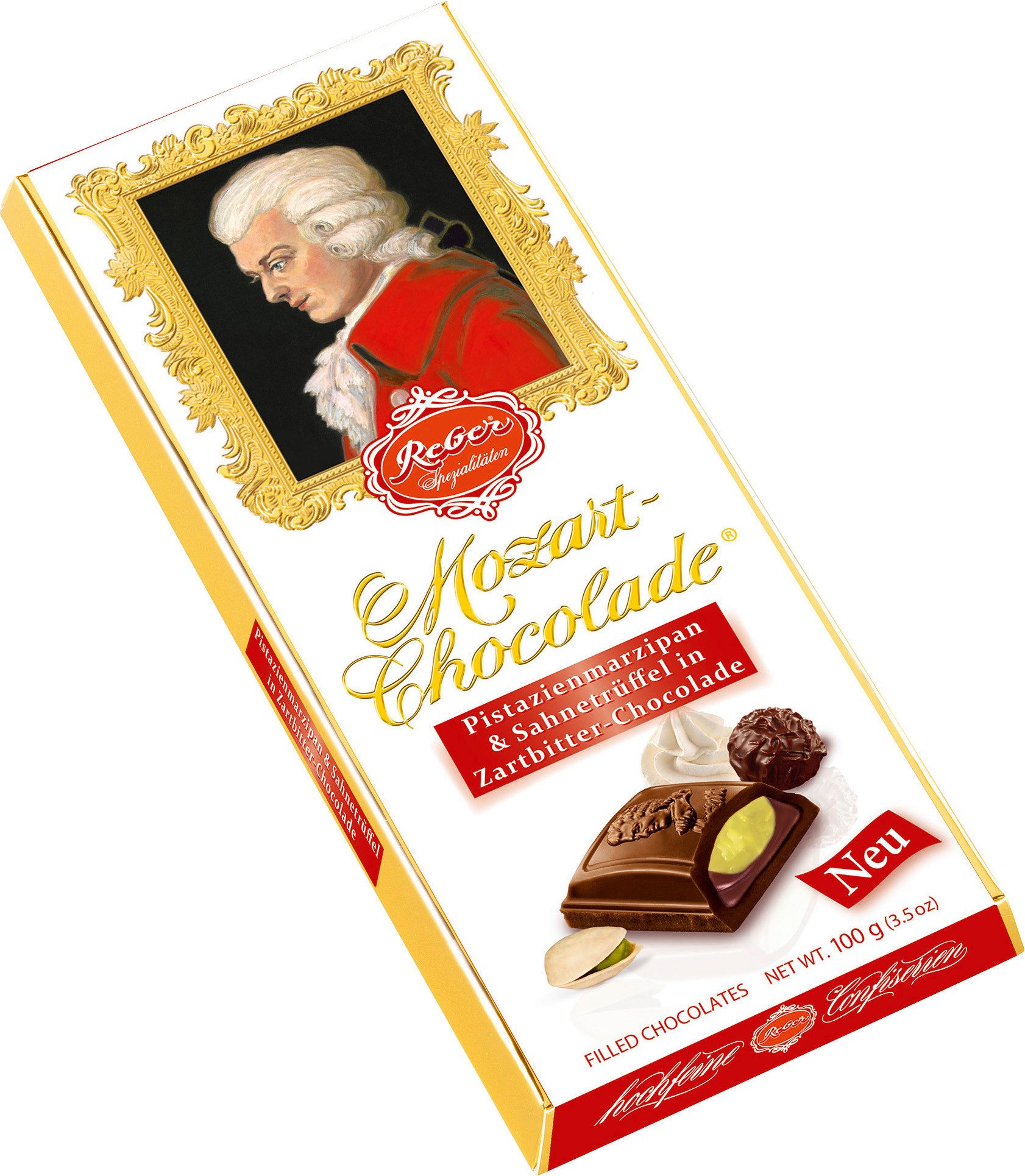 Reber Schokolade, Reber Mozart Schokolade gefüllt mit Pistazien Marzipan Trüffel 100g