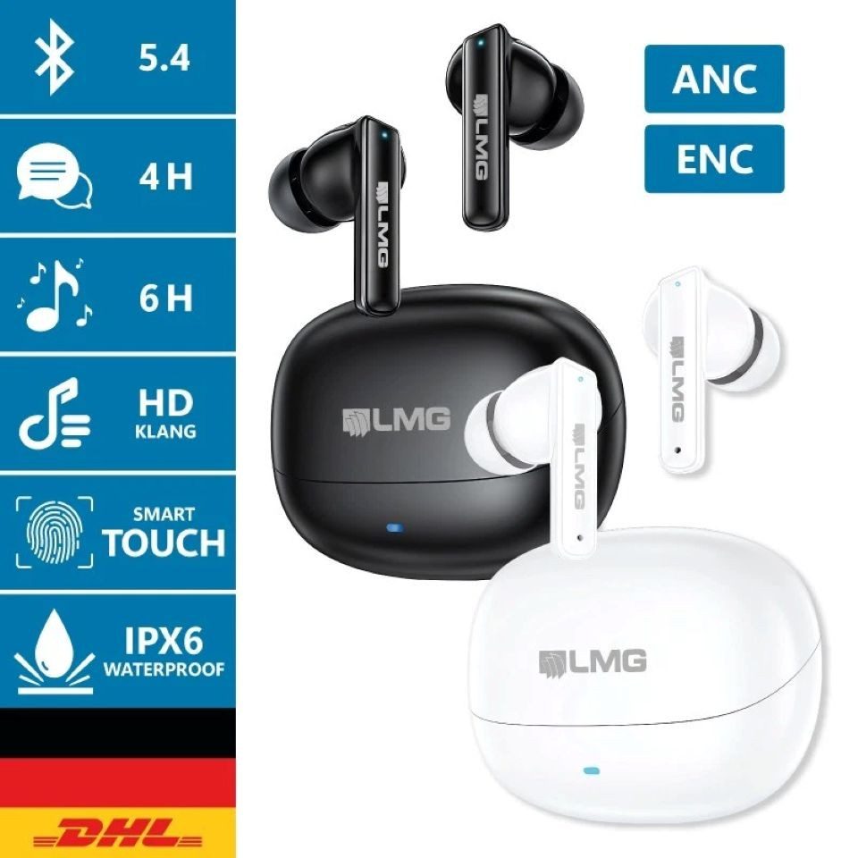 LMG Germany T88 In-Ear-Kopfhörer, Bluetooth, ANC >35dB, ENC >40dB, Ladecase Bluetooth-Kopfhörer (IOS, Android, HSP, HFP, A2DP, AVRCP, Bluetooth 5.4, 40 h Laufzeit, 360° Surround Sound, ANC & ENC, IPX6)