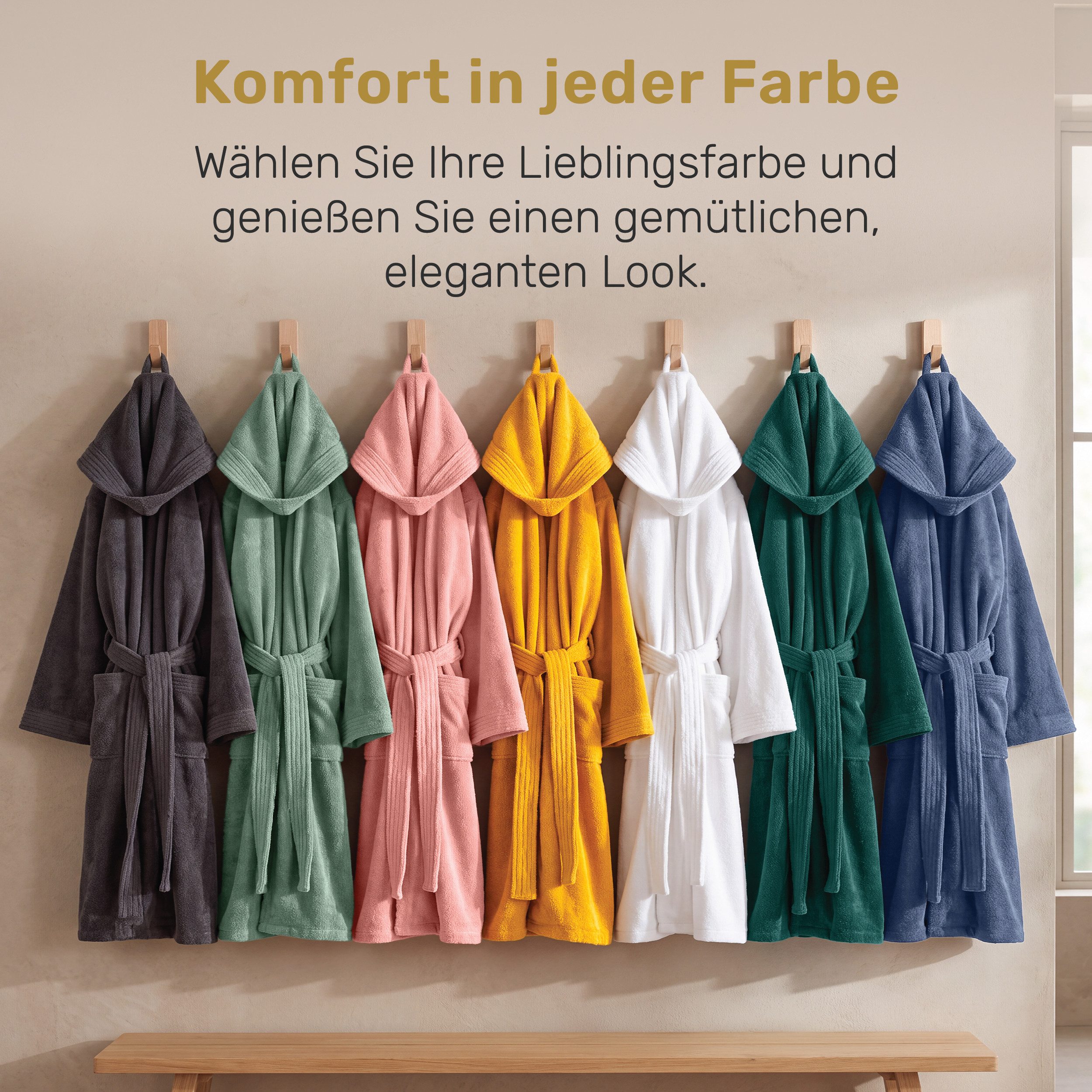 Lavea Bademantel Damen und Herren, Morgenmantel Mexico, Hotelbademantel, Lang, 100% Baumwolle, mit Kapuze, hochwertiger Bindegürtel, Weich & Saugstark - Spa Fee – Bild 5 von 5