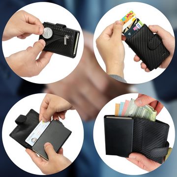 Fomax Mini Geldbörse Mini Geldbörse mit Münzfach Echtleder Carbon Herren klein für, 8+ Karten mit RFID Schutz Slim Wallet Kartenetui Kreditkartenetui