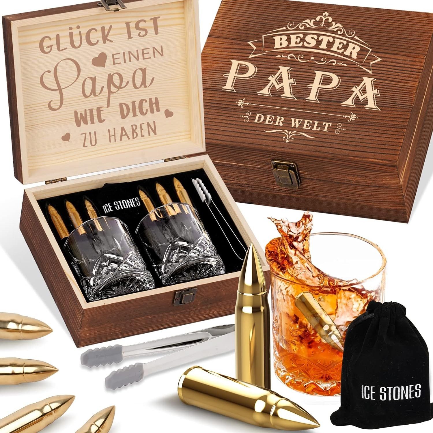 Cocktail-Set Whiskyset Papa Geschenke mit 2 Whiskygläser 6 Whiskysteine BESTER PAPA