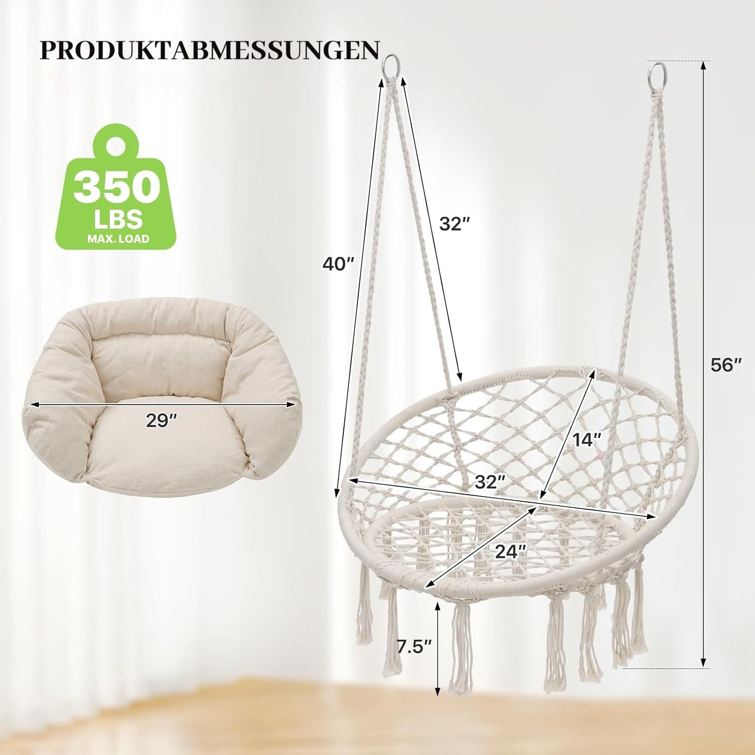 BlingBin Hängesessel Hängestuhl mit Kissen, S-Haken – Hängemattenstuhl (1 Stück, 1-St., Hängematte Indoor & Outdoor 81,3 x 63,5 x 111,8 cm), Übergroßer Schaukelstuhl für Wohn- Schlafzimmer Garten Terrasse