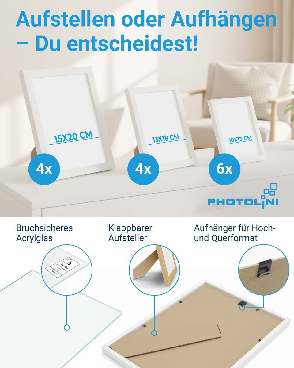 PHOTOLINI Bilderrahmen Sets in verschiedenen Formaten, MDF Holz, Acrylglas & Zubehör, für 14 Bilder (14er Set), Posterrahmen 14er Set No.2 zum Aufhängen oder Aufstellen