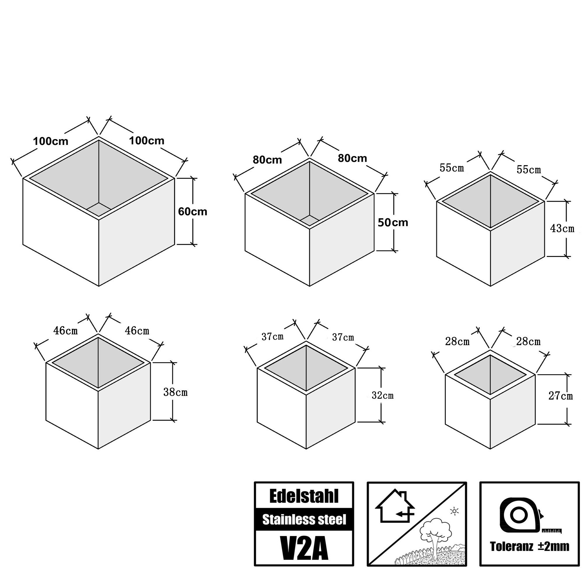Köhko Pflanzkübel KÖHKO Blumenkübel Edelstahl "VIVO" matt gebürsteter Pflanztopf Quadrat