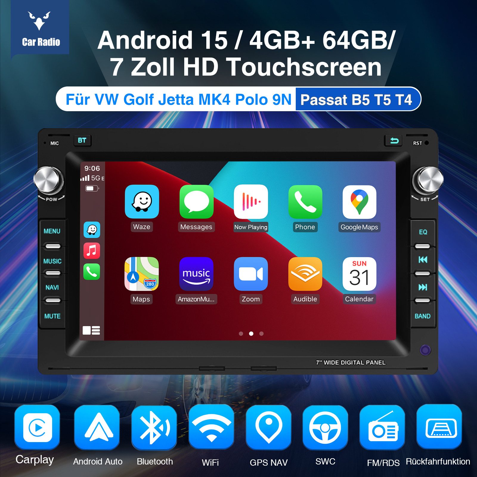 ESSGOO Für VW Polo 9N Golf 4 Passat B5 T5 Android 15 Autoradio 64G Carplay Autoradio (Digitalradio (DAB), 4+64GB(optional), RDS, AM, FM)