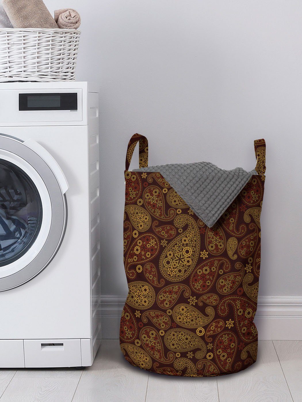 Waschsalons, Paisley Wäschekorb mit Oriental Wäschesäckchen Griffen Kordelzugverschluss für Abakuhaus Damast-Entwurf