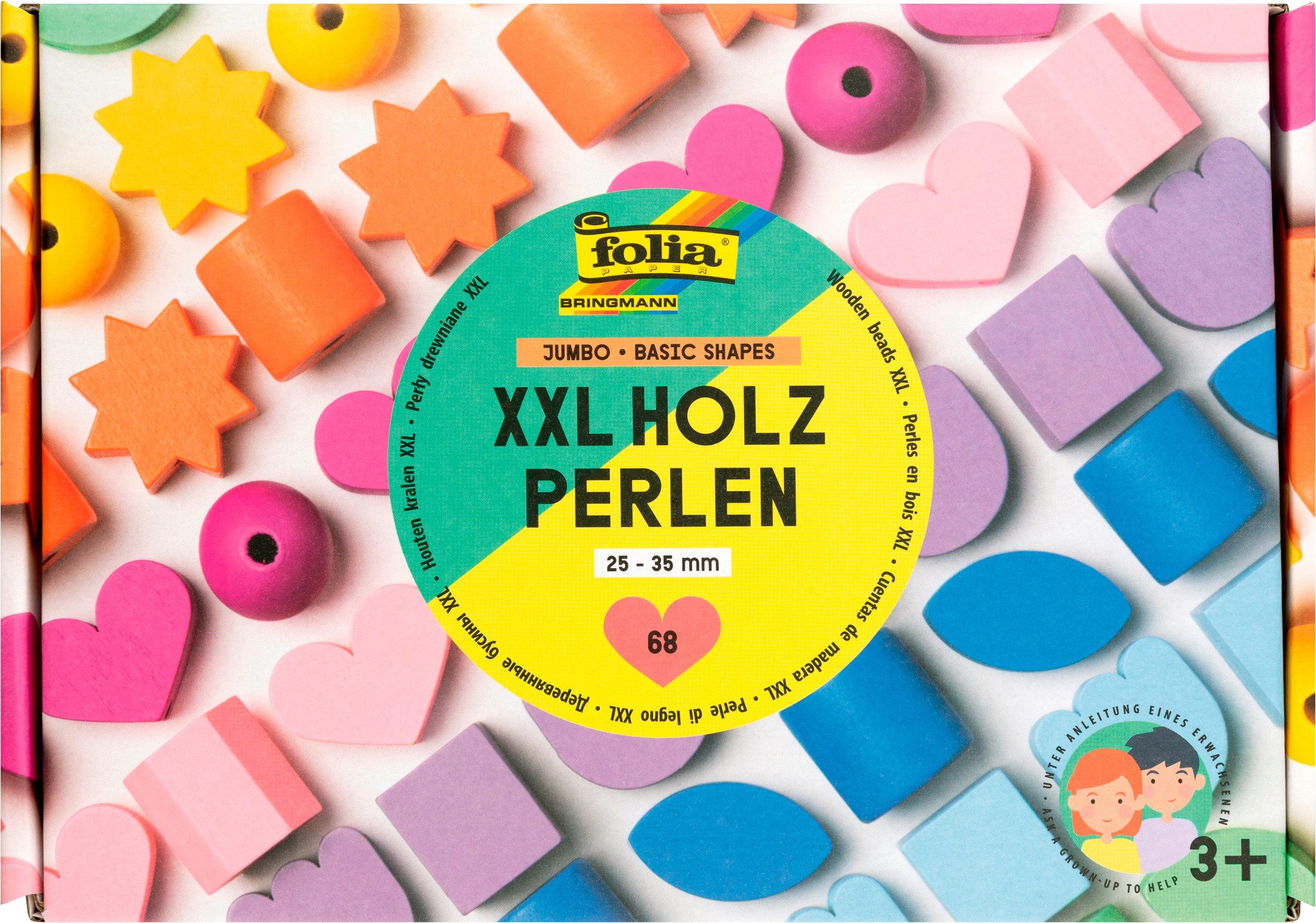 Folia Bastelperlen Holzperlen XXL „Basic shapes“, 68-teilig