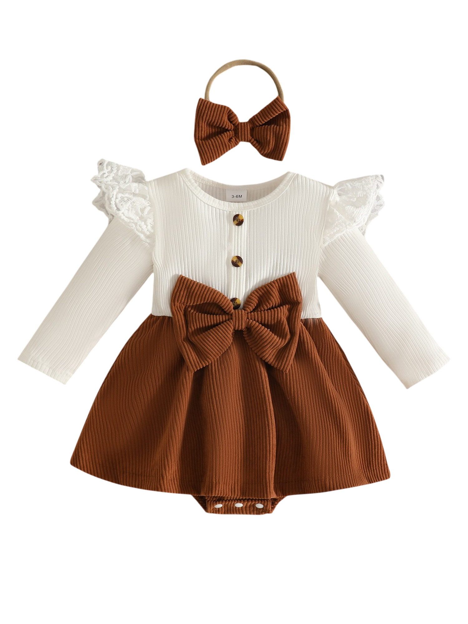 Lapastyle Strampler Baby-Langarmbody mit Schleife Mädchen-Cordbody-Set (Strampler + Stirnband Sets) Schleifen-Strumpfanzug, Rüschenkleid mit kleinen Flügeln, Knopfdesign