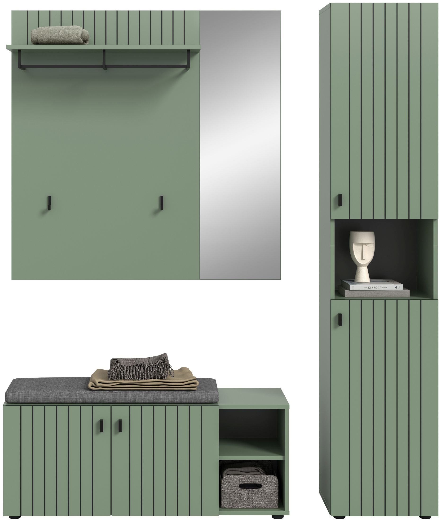xonox.home Garderoben-Set, (3-tlg. Garderobensitzbank, Garderobenpaneel & Garderobenschrank), inkl. Sitzkissen in Smoke Green Nachbildung B/H/T ca.: 161/192/37 cm
