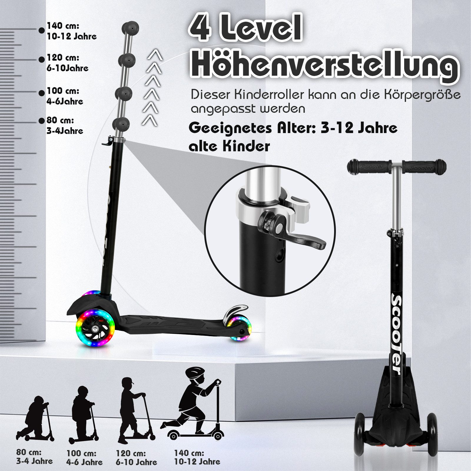Clanmacy Scooter Kinderroller Tretroller LED-Räder bis 50 kg Höhenverstellbar