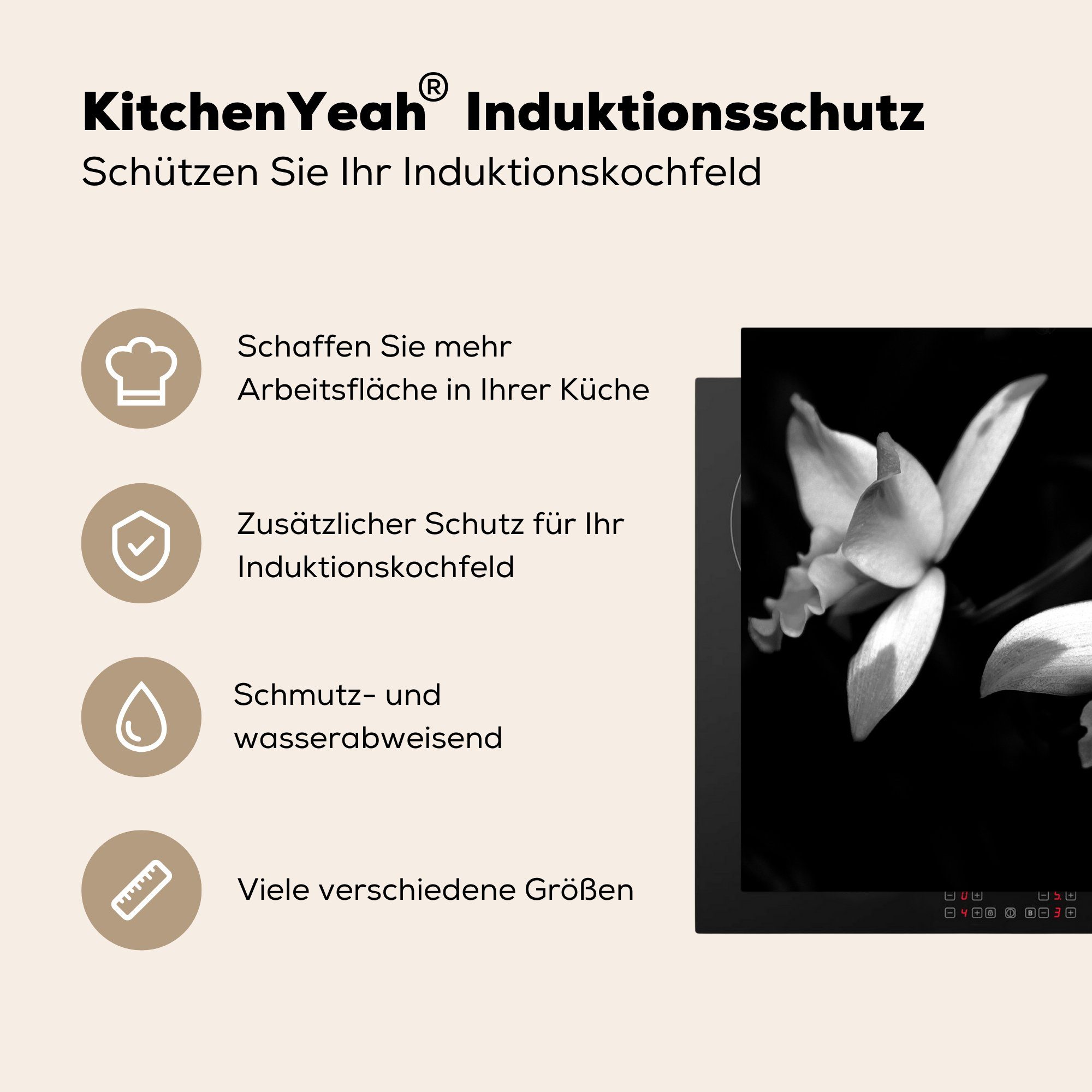 MuchoWow Herdblende-/Abdeckplatte für Vinyl, (1 Zwei tlg), Ceranfeldabdeckung küche, - 59x52 die cm, schwarz Induktionsmatte Orchideenblüten und weiß