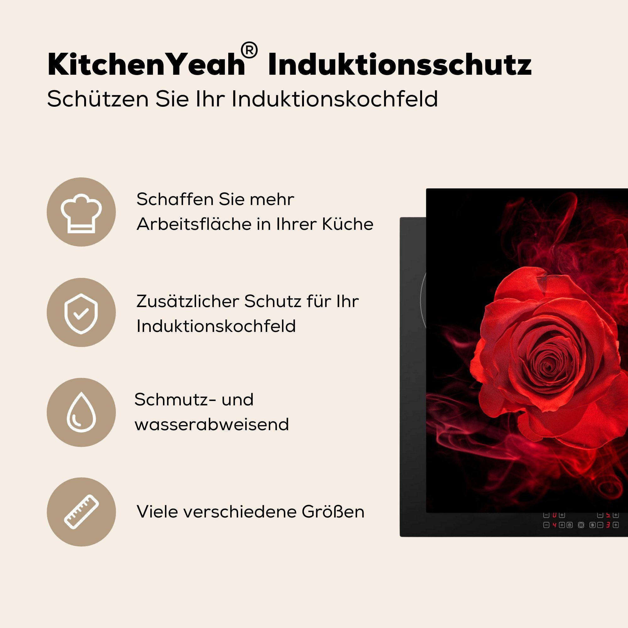 (1 für - Rosen - 81x52 Schwarz, küche, Herdblende-/Abdeckplatte tlg), Rot MuchoWow Vinyl, die Ceranfeldabdeckung cm, Schutz Induktionskochfeld