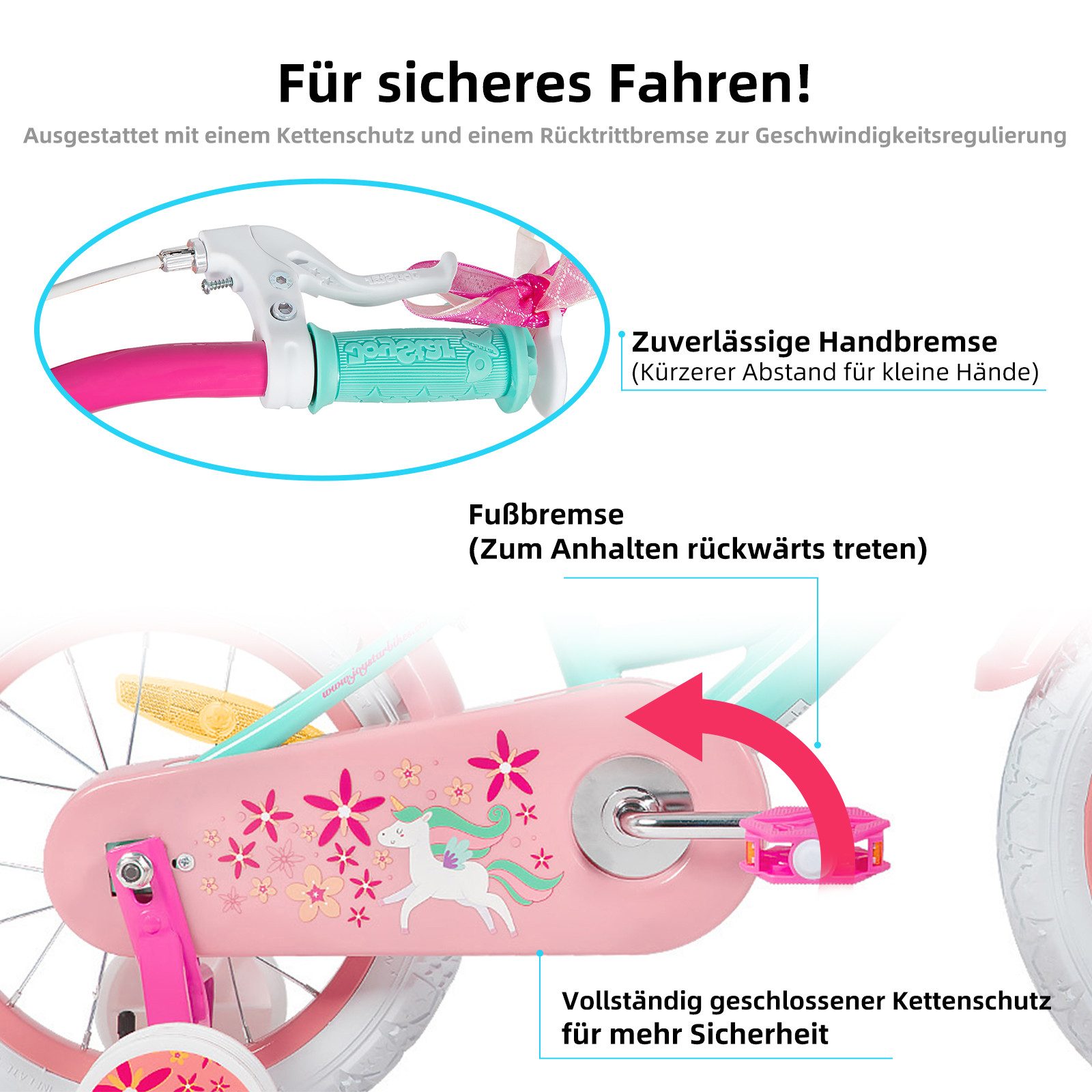 JOYSTAR Kinderfahrrad 12 14 16 18 Zoll Mädchenfahrrad, 3 - 9 Jahre, Geschenk für Prinzessin, 1 Gang, Puppenradsitz & Stützrädern& Korbstreamer, 18 Zoll mit Stützrädern