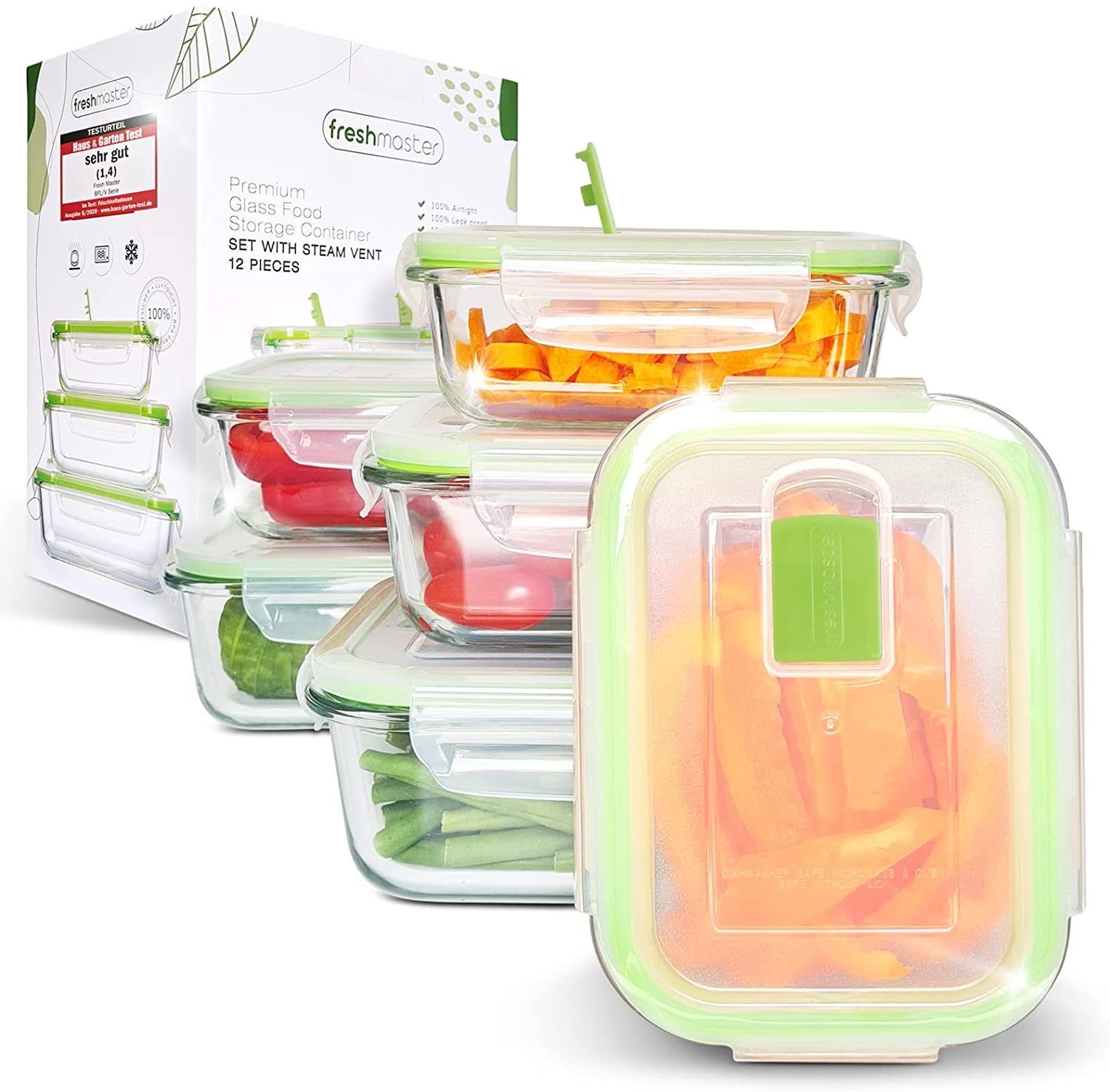 Fresh Master Frischhaltedose 12-tlg. Glas Vorratsdosen Set Frischhaltedosen auslaufsicher luftdicht, Borosililatglas, (Spar-Set)