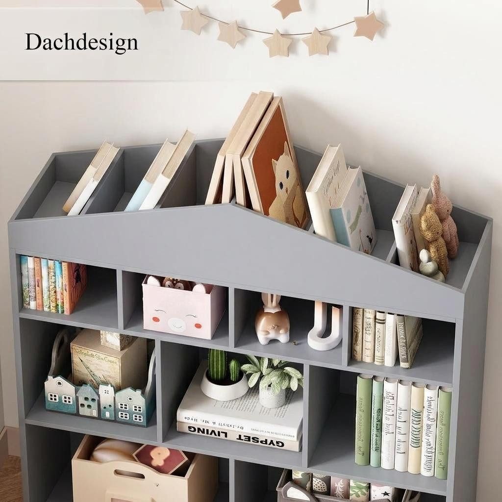 GarveeMore Kinderregal Kinder Bücherregal mit 9 Ablagefächern Puppenhaus Bücherregal – Bild 5 von 5