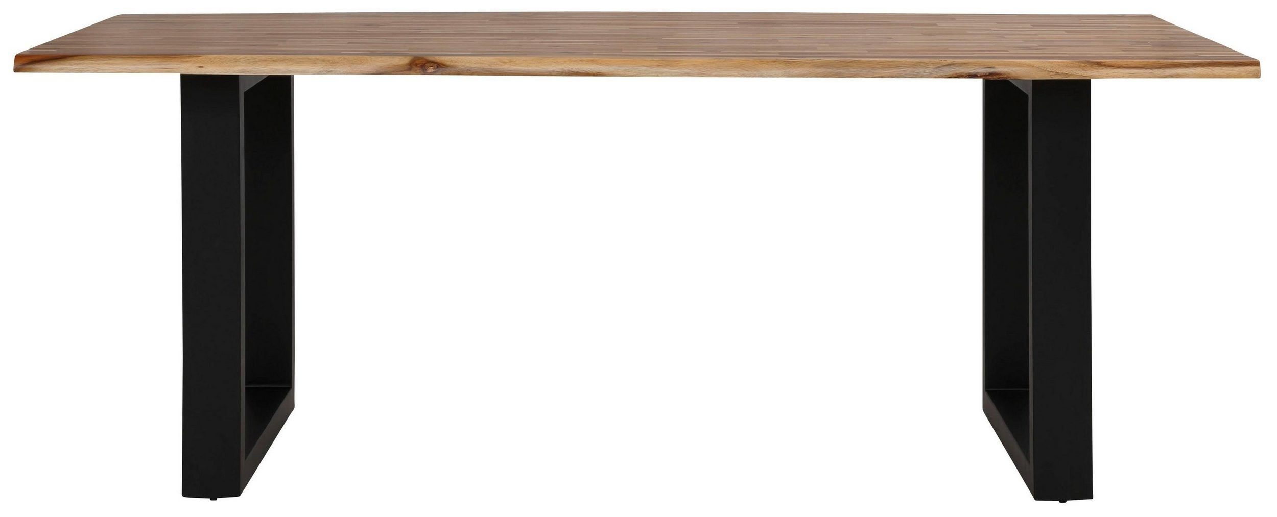 loft24 Esstisch Mangani, Baumkanten Look, schwarz Akazie in aus Tischplatte aus Kufengestell Metall