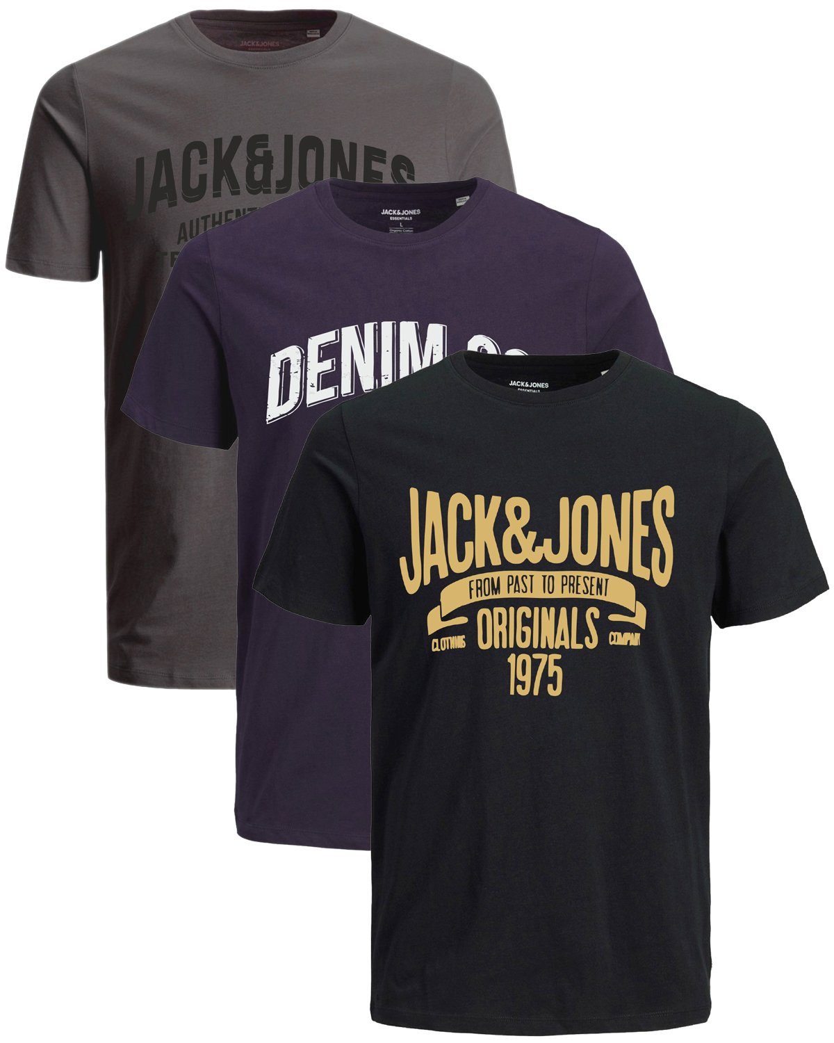 Jack & Jones Print-Shirt Bequemes Slimfit Shirt (Spar-Set, 3er-Pack) bedrucktes Oberteil aus Baumwolle, Größe L