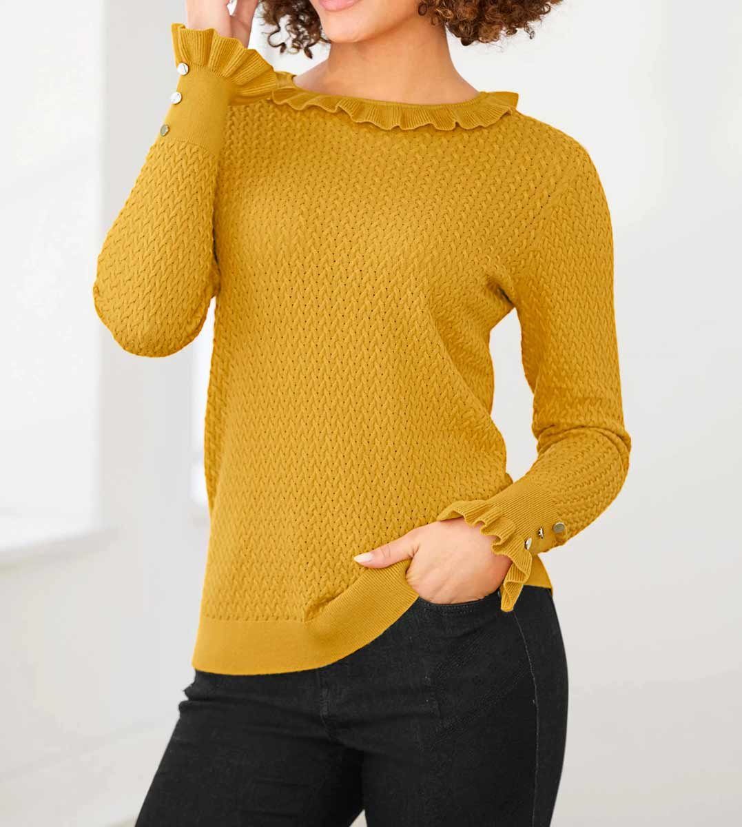 ockergelb heine TESINI Wickelpullover LINEA Designe-Zopfmuster-Pullover, Damen