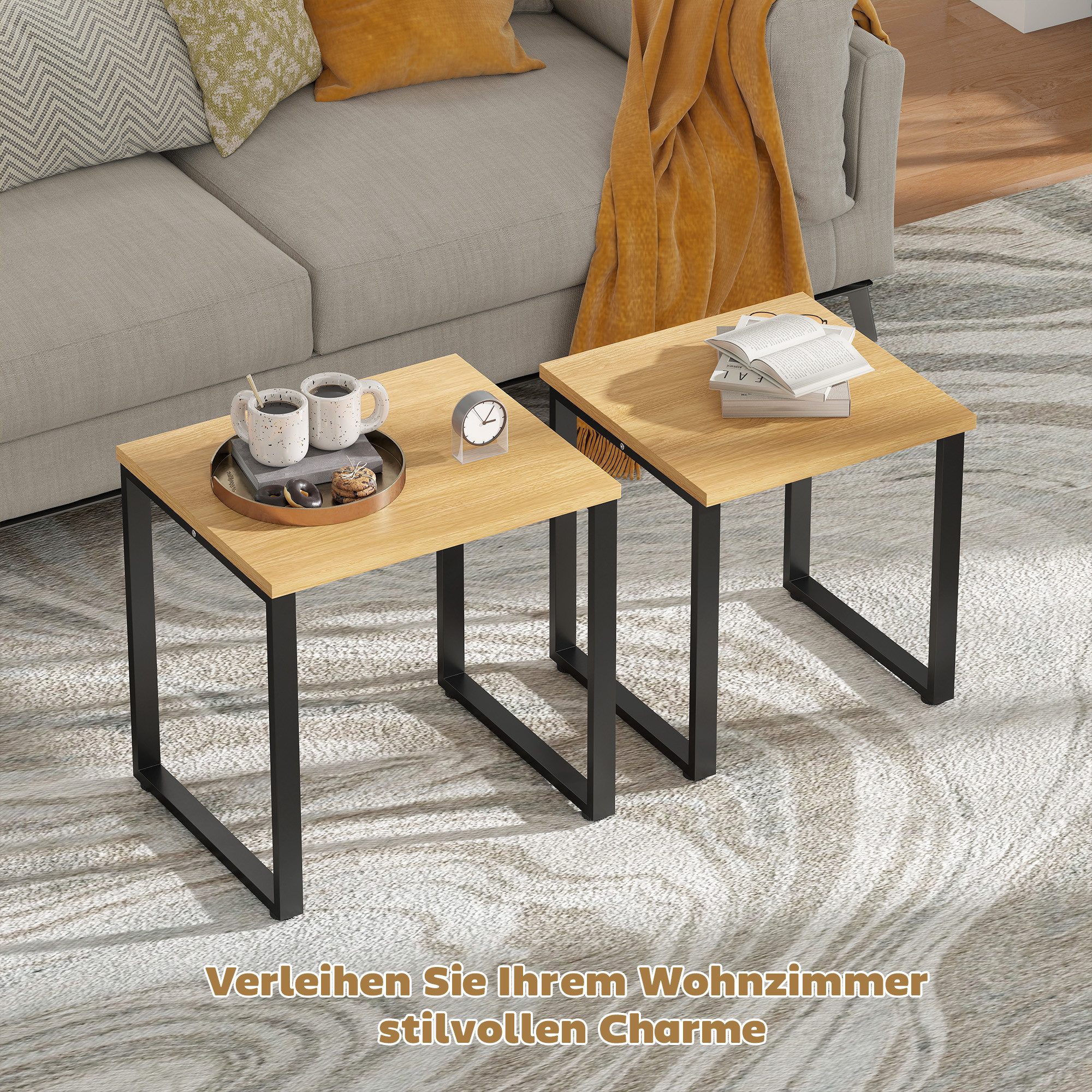 HOMCOM Couchtisch Wohnzimmertisch mit Metallrahmen, Beistelltisch Natur (Kaffeetisch, 2-St., Satztisch), modernes Design – Bild 5 von 5