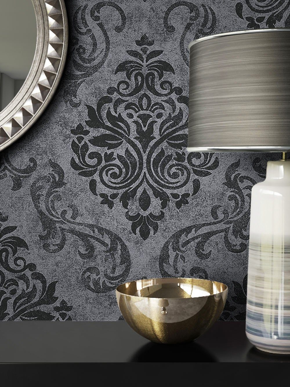 Newroom Vliestapete, Schwarz Barocktapete Barock Ornament - Grau Anthrazit Glamour Floral für Büro Diele/Flur Schlafen, Schwarz Tapete Wohnzimmer Flur Wallpaper Glanz