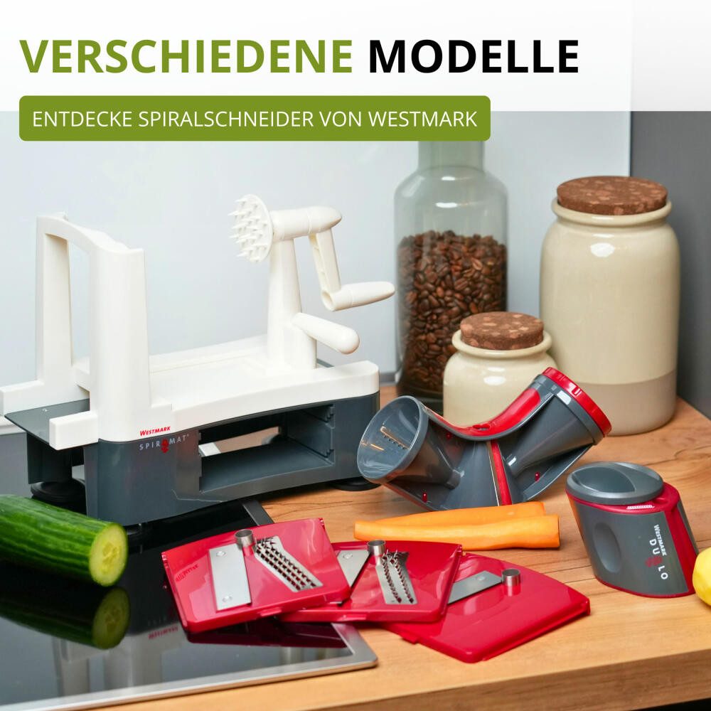 WESTMARK Spiralschneider mit 3 Schneidkegeln und Restehalter, Spiralen, Julienne fein & grob, rostfrei, spülmaschinengeeignet, BPA-frei, platzsparend