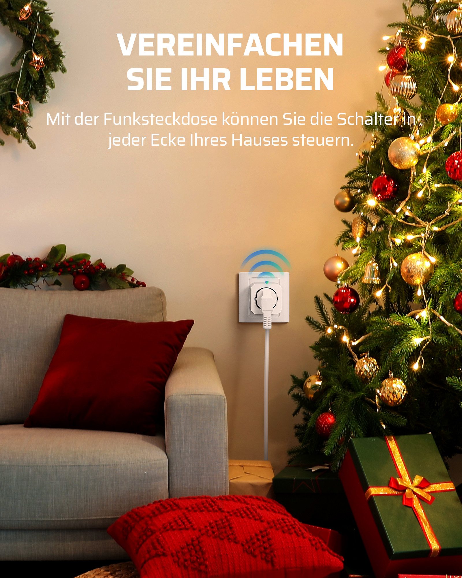 DEWENWILS Funksteckdose mit Fernbedienung, max. 3680 W, 1-St., Erweiterbarer Lichtschalter für Feiertagsdeko, 30M Reichweite