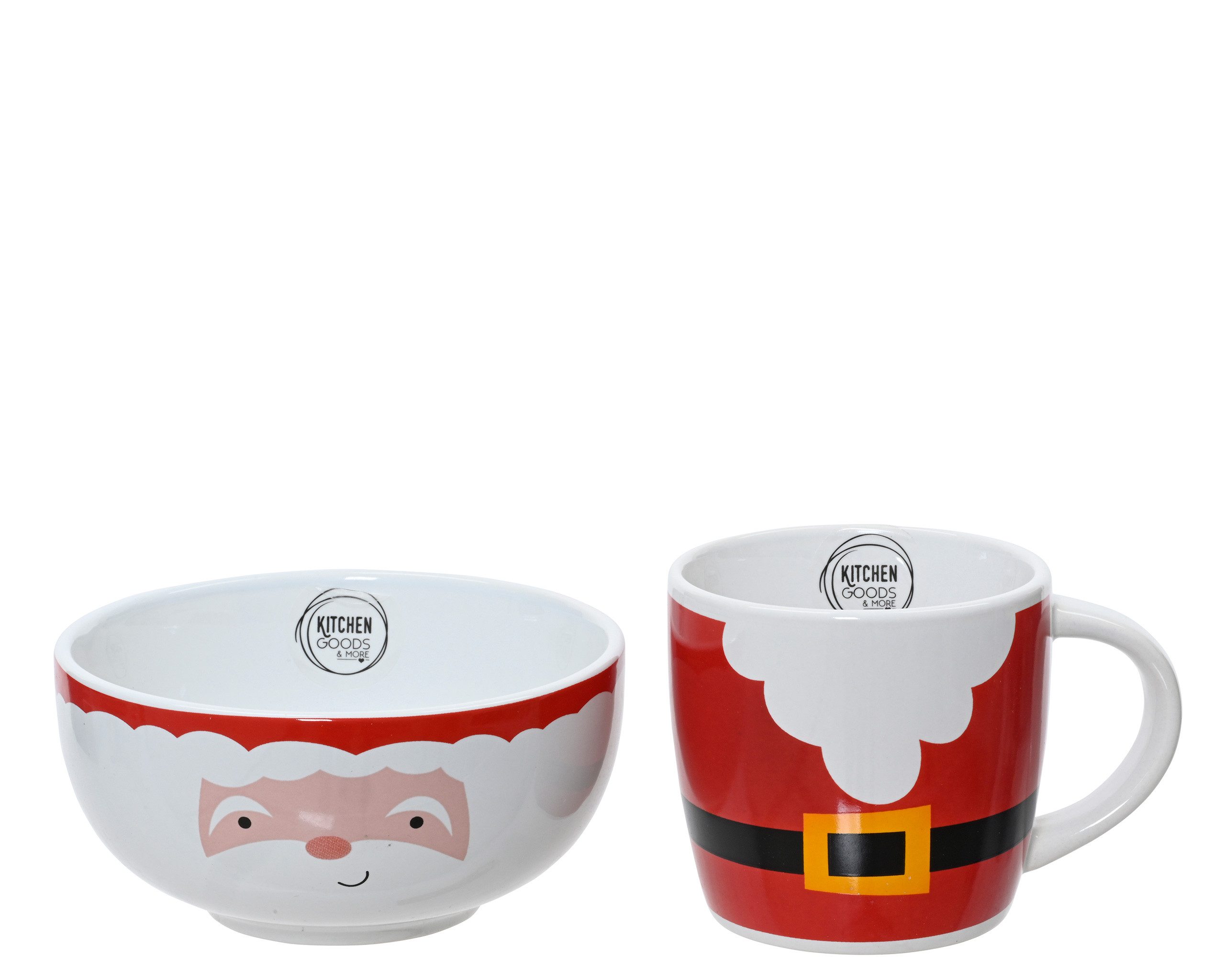 Kaemingk Frühstücks-Geschirrset, Keramik, Frühstücksgeschirr Keramik mit Weihnachtsmotiv 2er Set Weiß / Rot