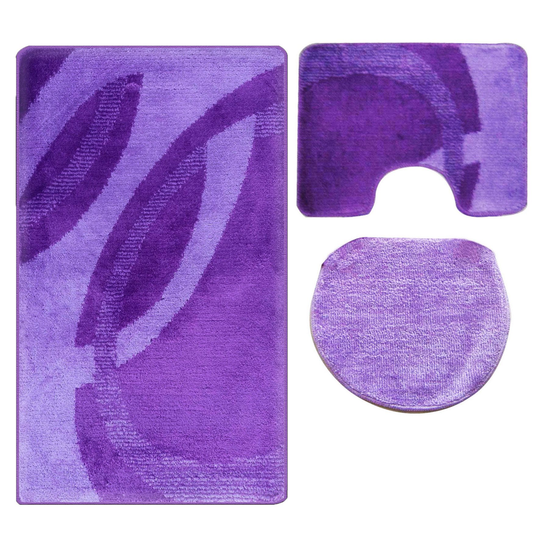 ROLFNERS Badematte 3 tlg Badematte Badezimmerteppich Badteppich Set Lila, Weicher Flor, Rutschfest, Schnell Trocknend, Fußbodenheizungsgeeignet, Polypropylen, Florhöhe ca. 15 mm, Waschbar bis max. 30°C