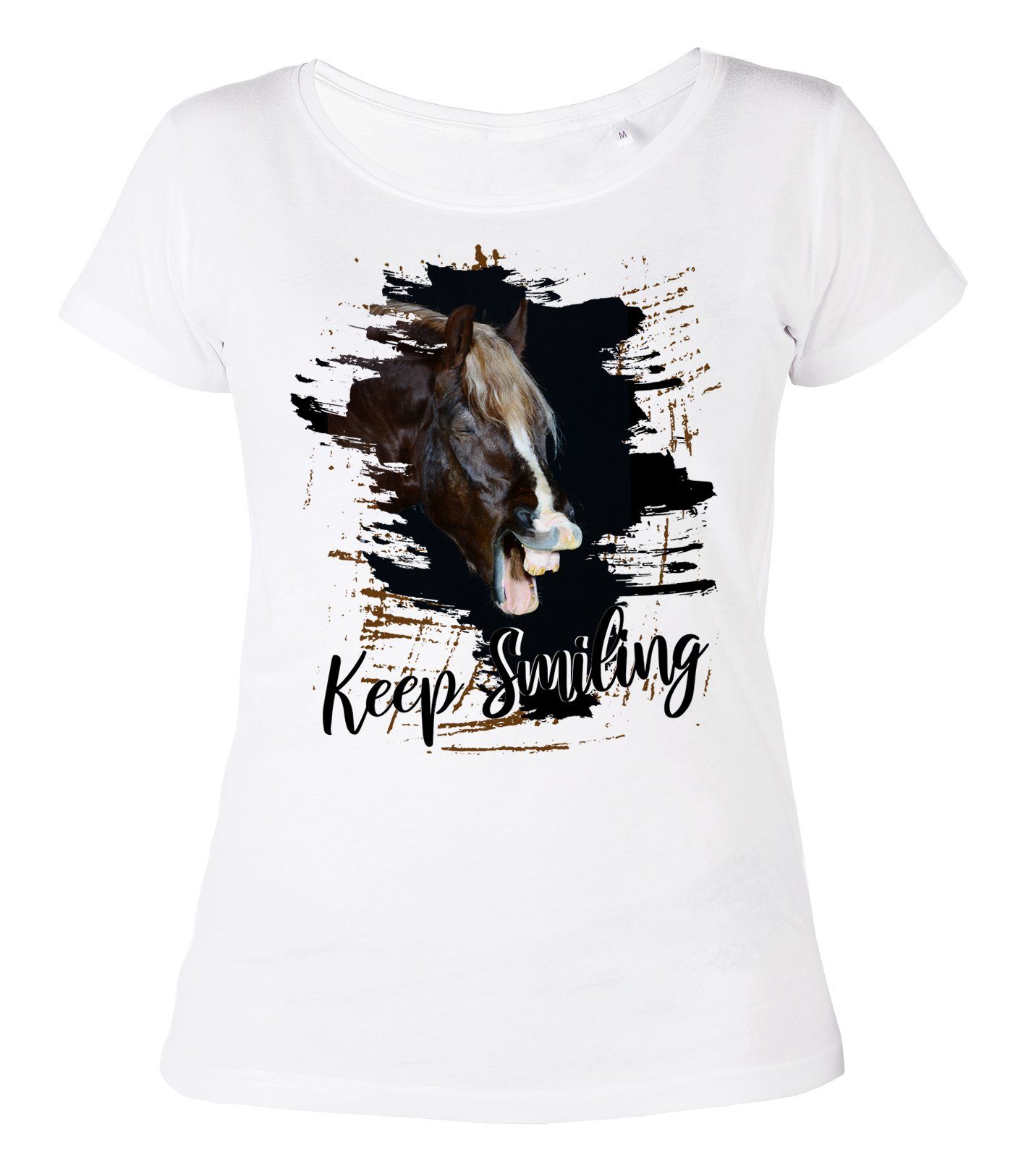 Tini - Shirts T-Shirt Pferde Motiv Damen hochwertiges Damen Shirt aus weicher Baumwolle, Pferde Damenshirt Motiv : Keep smiling