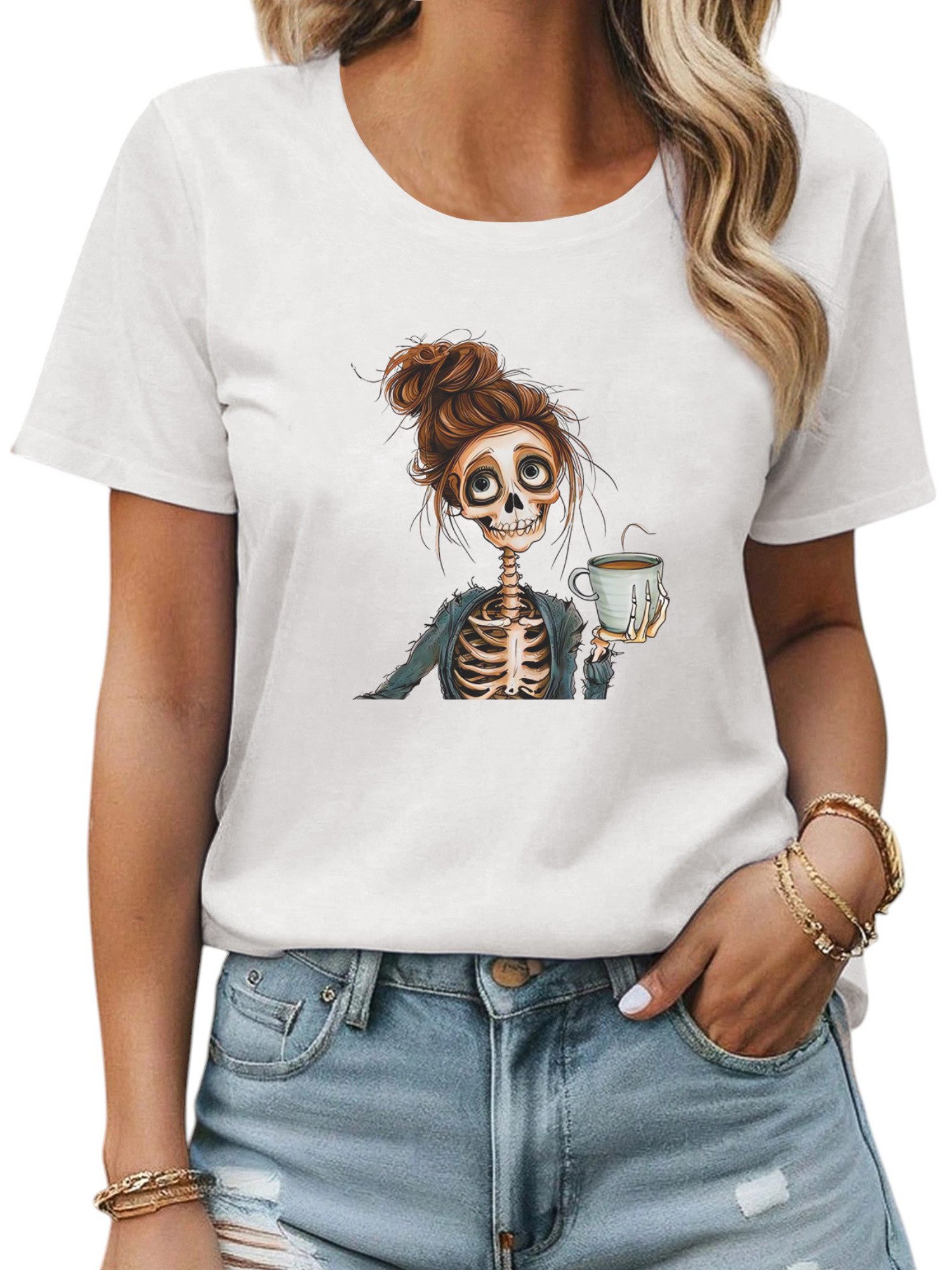 Kurzarmbluse Damen Sommer Kurzarmbluse Locker Kaffee-Mädchen Print-Shirt