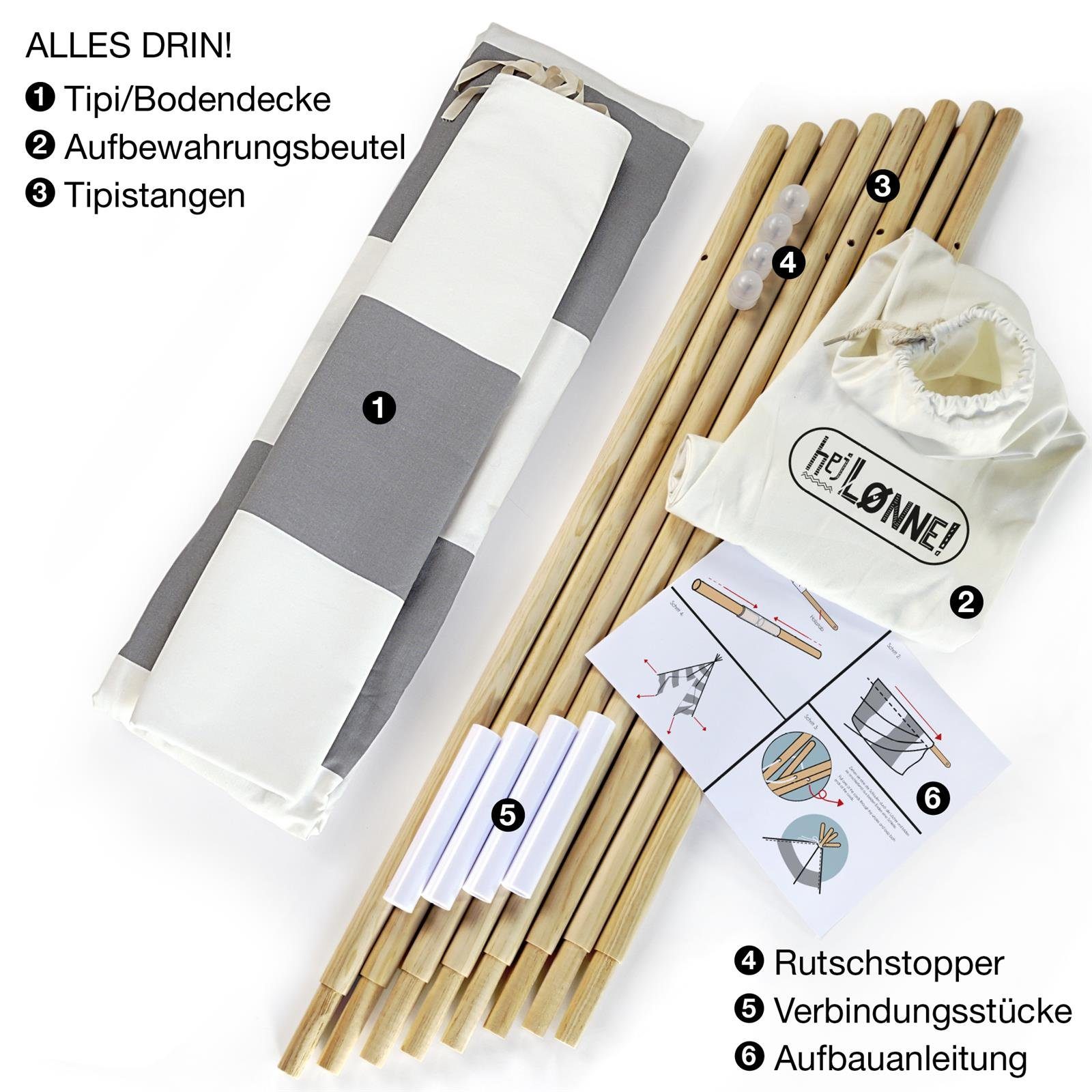 Hej Lønne Tipi-Zelt Tipi Zelt für Kinder grau gestreift Kinderzelt, (6er Set)