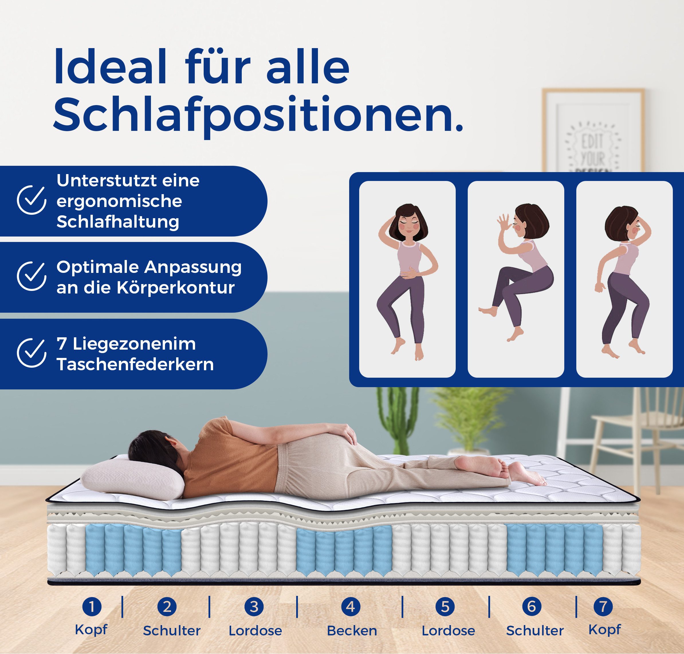 Taschenfederkernmatratze 7-Zonen Federkernmatratzen, NORDICHAUS, 20 cm hoch, (H3, 1000 Federn + Komfortschaum, Lyocell), 90x200 Matratzen, für Kinder und Erwach – Bild 5 von 5