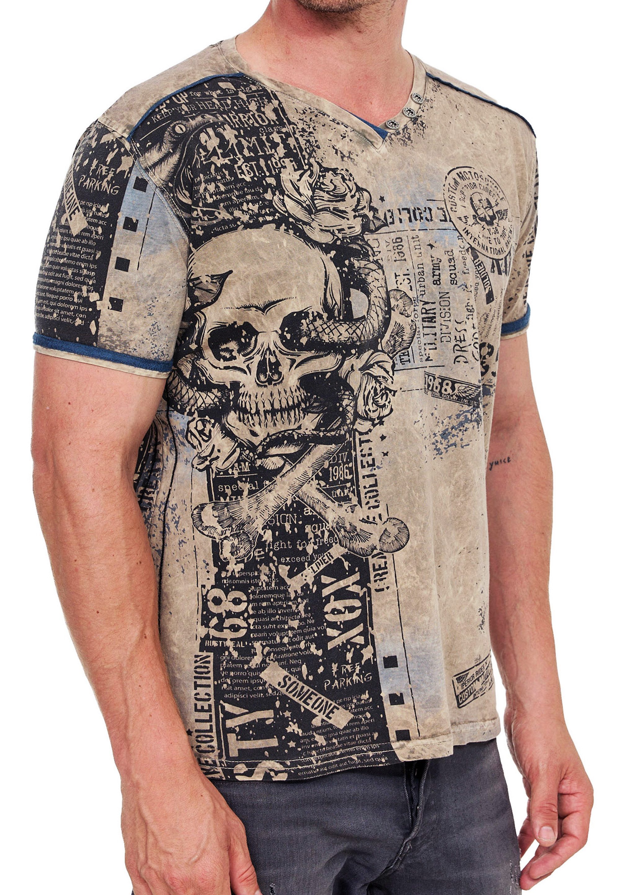 R-NEAL T-Shirt Designer Herren T-Shirt Verwaschen All Over Skull Print Rocker Shirt