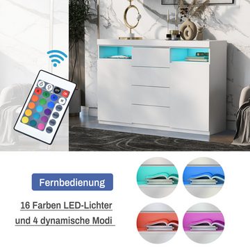 MODFU Sideboard Wohnzimmerschrank mit 16 Farben LED-Beleuchtung inkl (Kommode, hochglänzend), TV-Schrank mit 4 Schubladen und 2 Türen