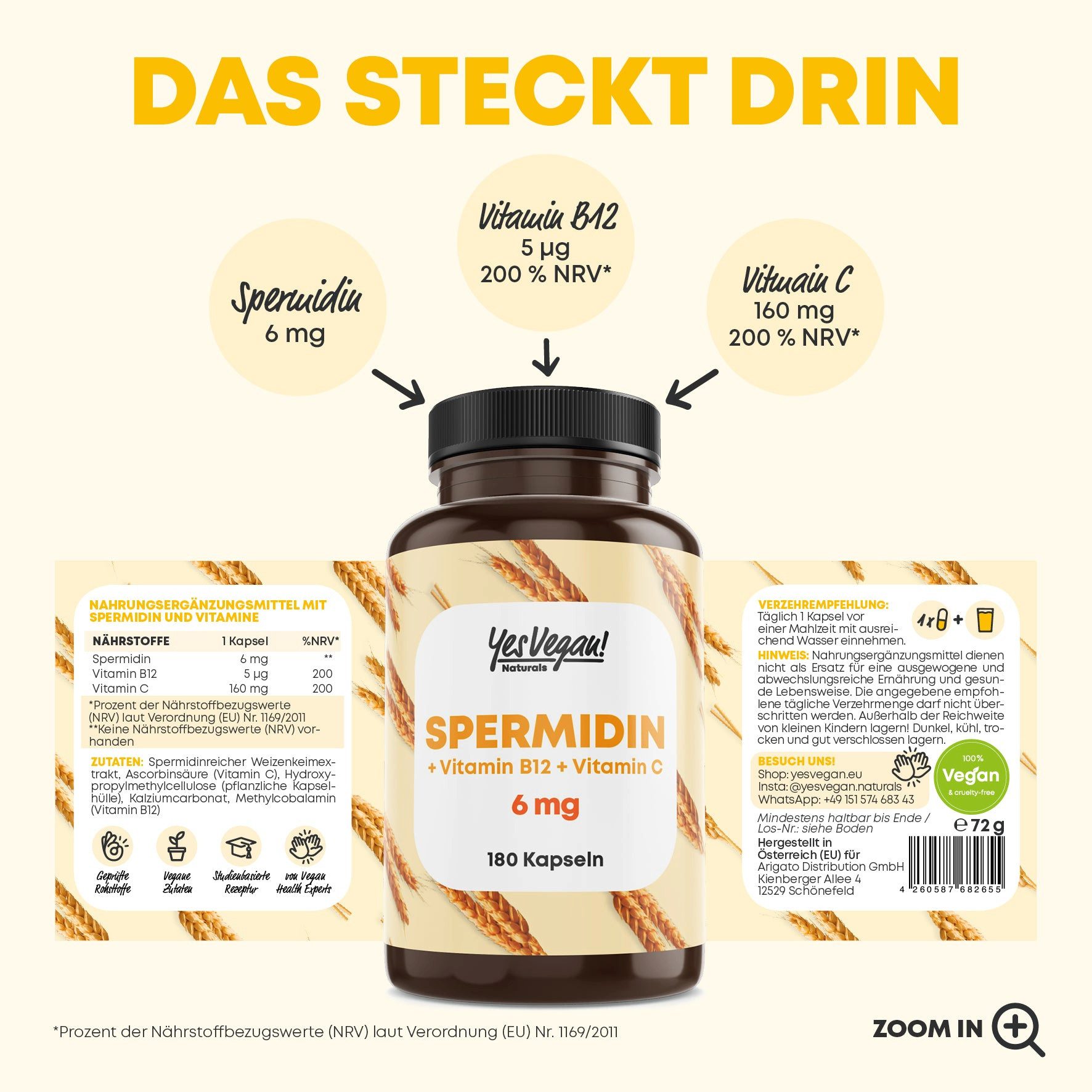 Yes Vegan Spermidin 6 mg + Vitamin C & B12 hochdosiert – 180 Kapseln Kapseln, 1 St., 72 g