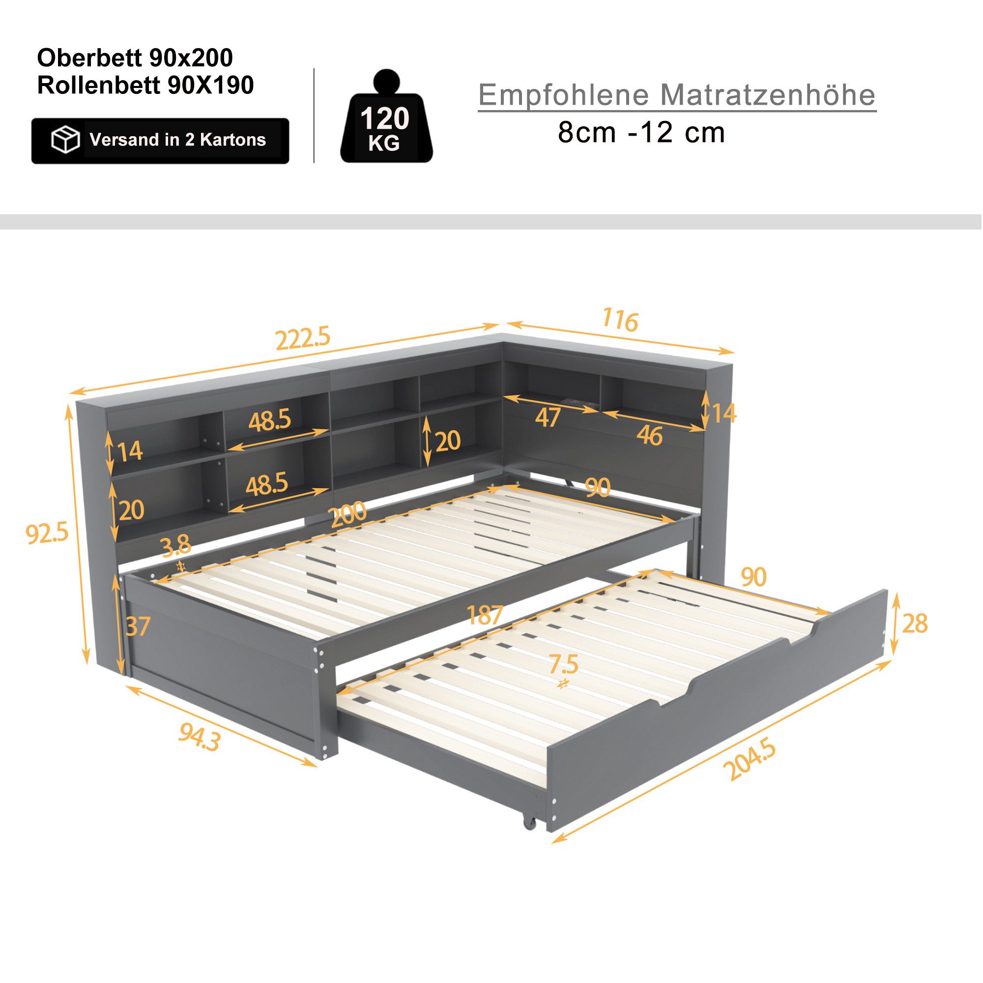 Odikalo Schlafsofa Einzelbett AusziehbaresBett Multifunktionsbett Ablagefächern 90*200cm