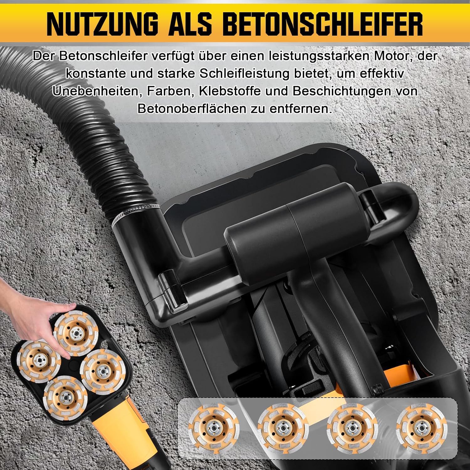 XERSEK Winkelschleifer 3800W Betonschleifer 4 Arbeitsmodule Betonfräse Putzfräse, max. 6000 U/min, mit Handgriff, Schutzhaube, 6 stufen