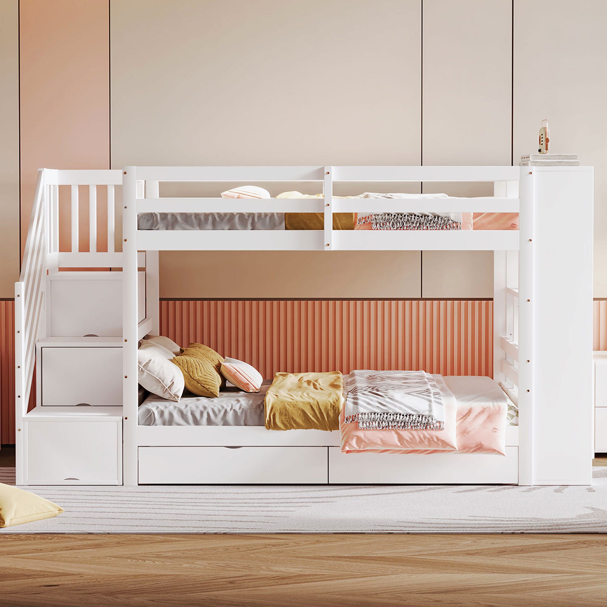 Merax Etagenbett 90x200cm mit Schließfächern und Schubladen (1-St), Aufbewahrungstreppe mit Staufächern, Kieferholz Kinderbett Jugendbett – Bild 3 von 5