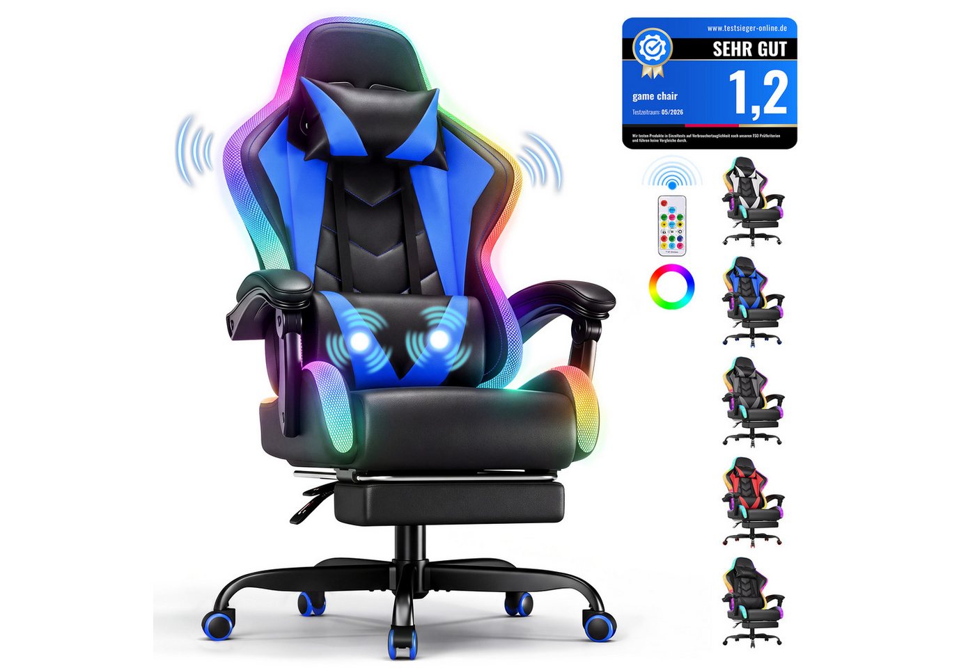 HOMALL Gaming-Stuhl mit LED,Ergonomisch,Fußstütze,computerstuhl,gaming stuhl mit massage (Die LED-Beleuchtung ist einstellbar, das Massagekissen für den Rücken ist beweglich), Ergonomischer Bürostuhl,Kopfstütze und Lendenstütze