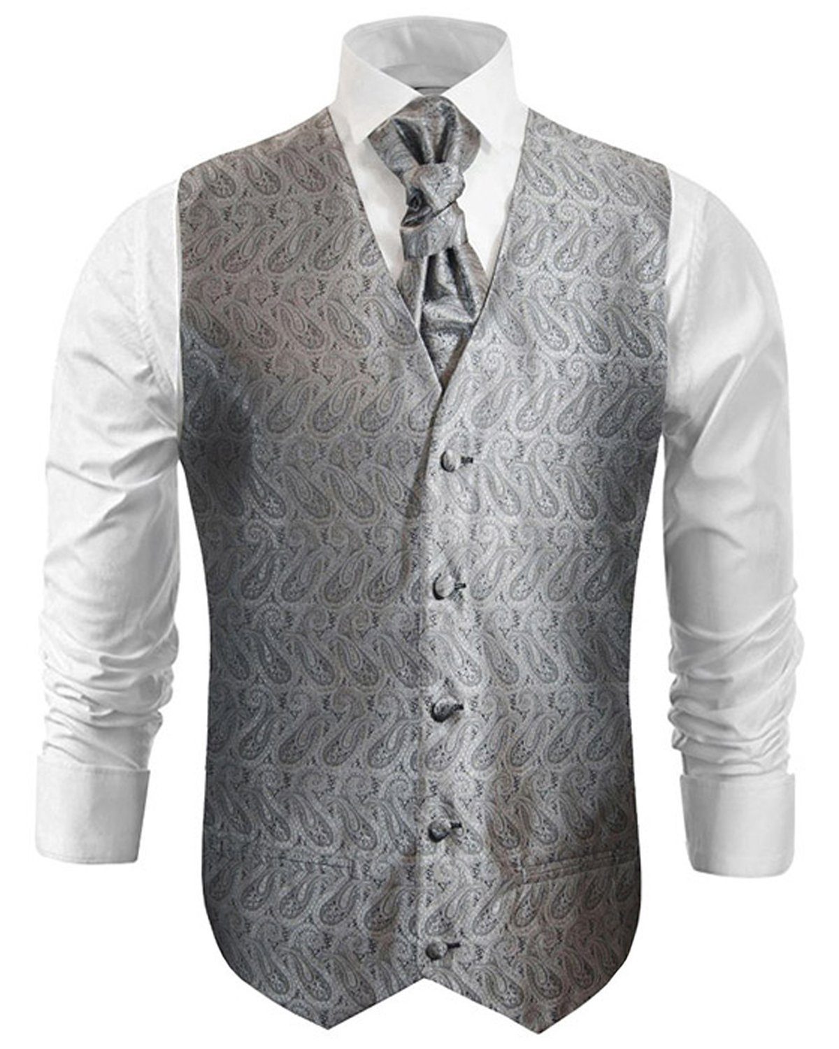 Paul Malone Anzugweste Herren Hochzeitsweste mit Plastron Set 2tlg - Paisley Bräutigam (Set, 2-tlg., mit Weste und Plastron) silber grau V30, Gr. 50 (S)