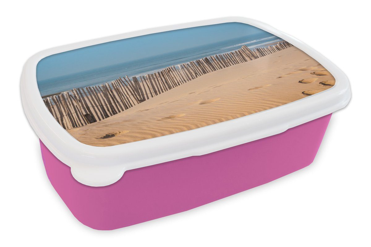MuchoWow Lunchbox Strand - Pfähle - Meer, Kunststoff, (2-tlg), Brotbox für Erwachsene, Brotdose Kinder, Snackbox, Mädchen, Kunststoff rosa