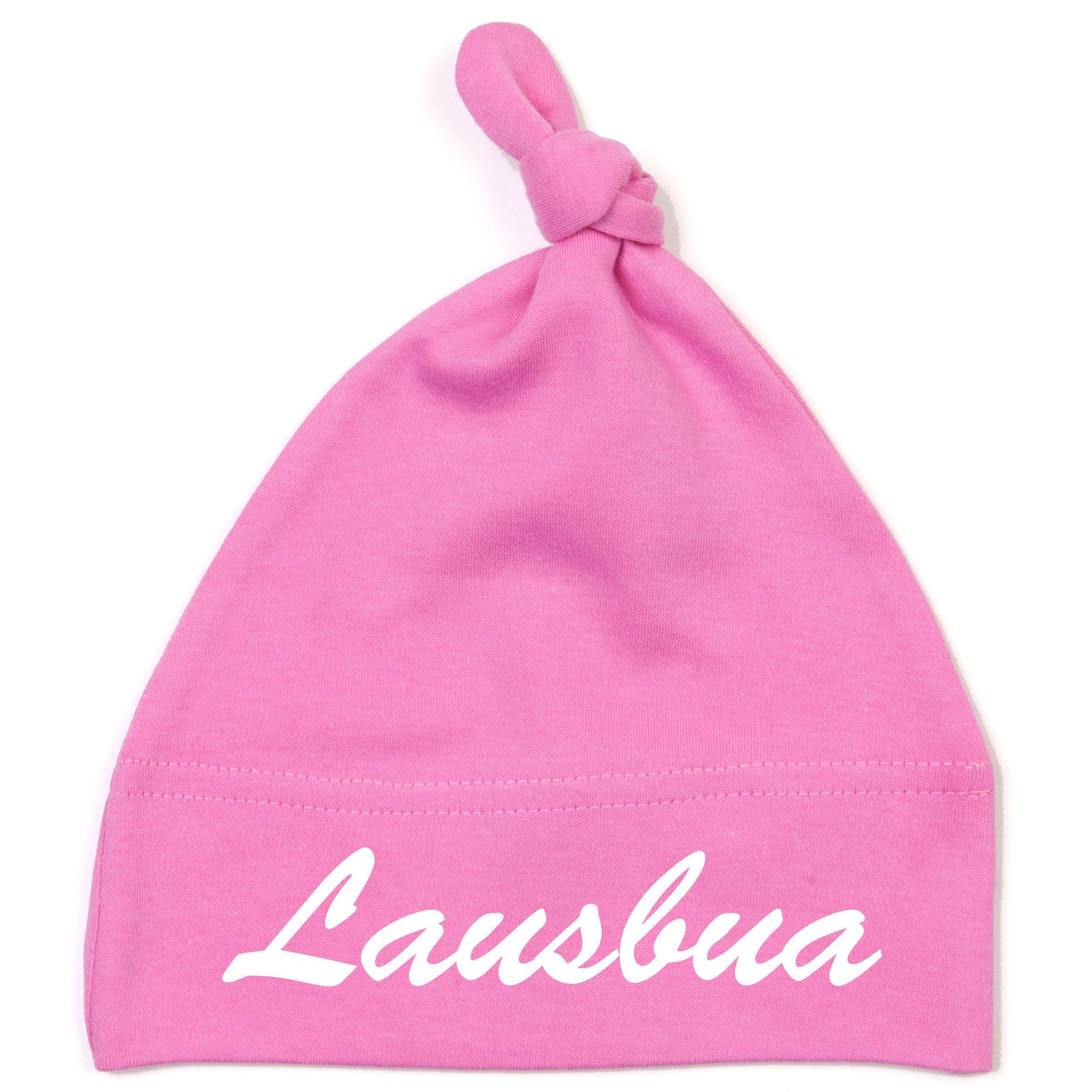 Schnoschi Erstlingsmütze Babymütze mit Knoten und mit Lausbua hochwertig bestickt / gestickt Stickerei mit Lausbua pink