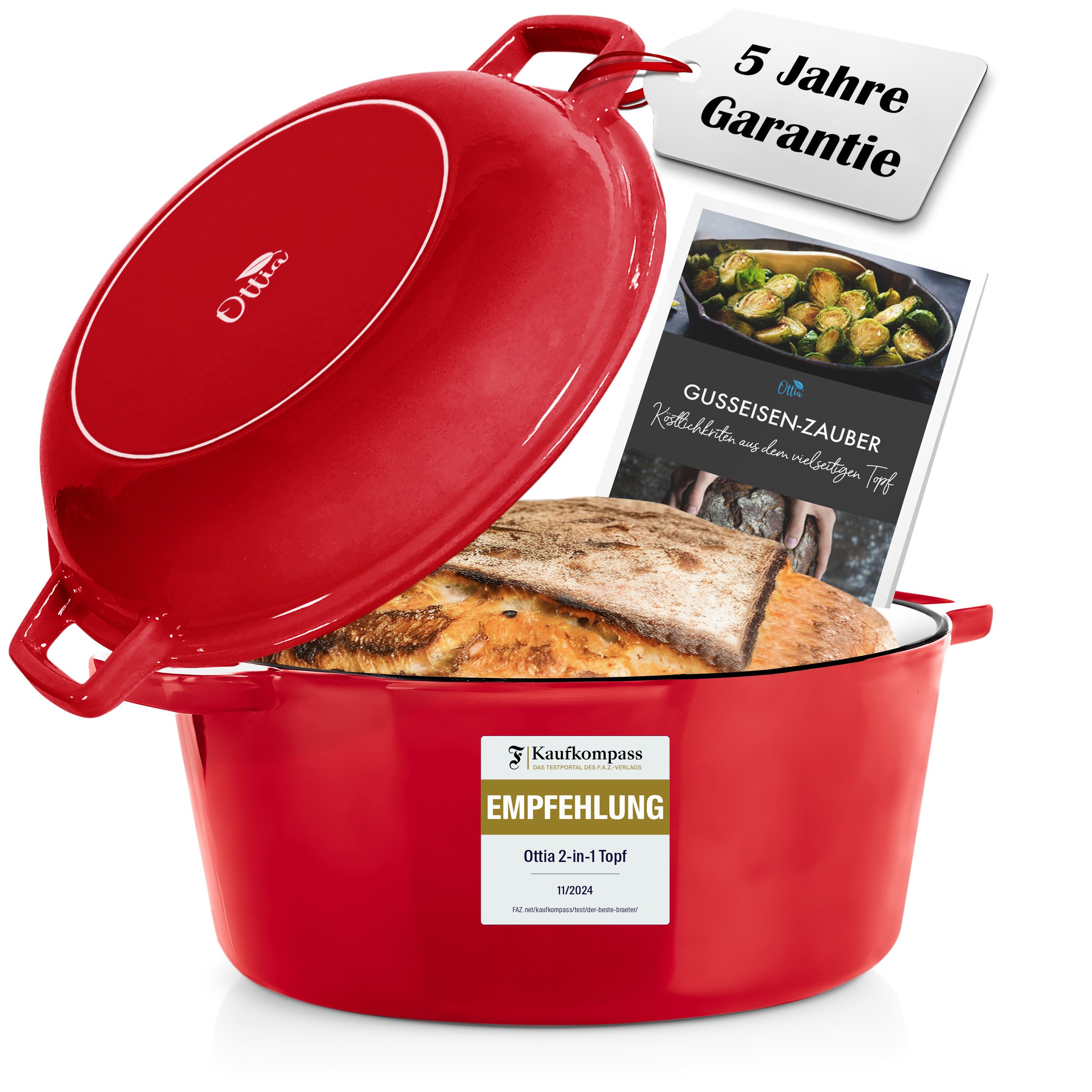 Ottia Schmortopf Gusseisen Topf, Brot backen, Dutch Oven, 2-in-1, 26cm, 5 Liter, Emaille, Gusseisen (inkl. E-Book), Händler aus Hamburg