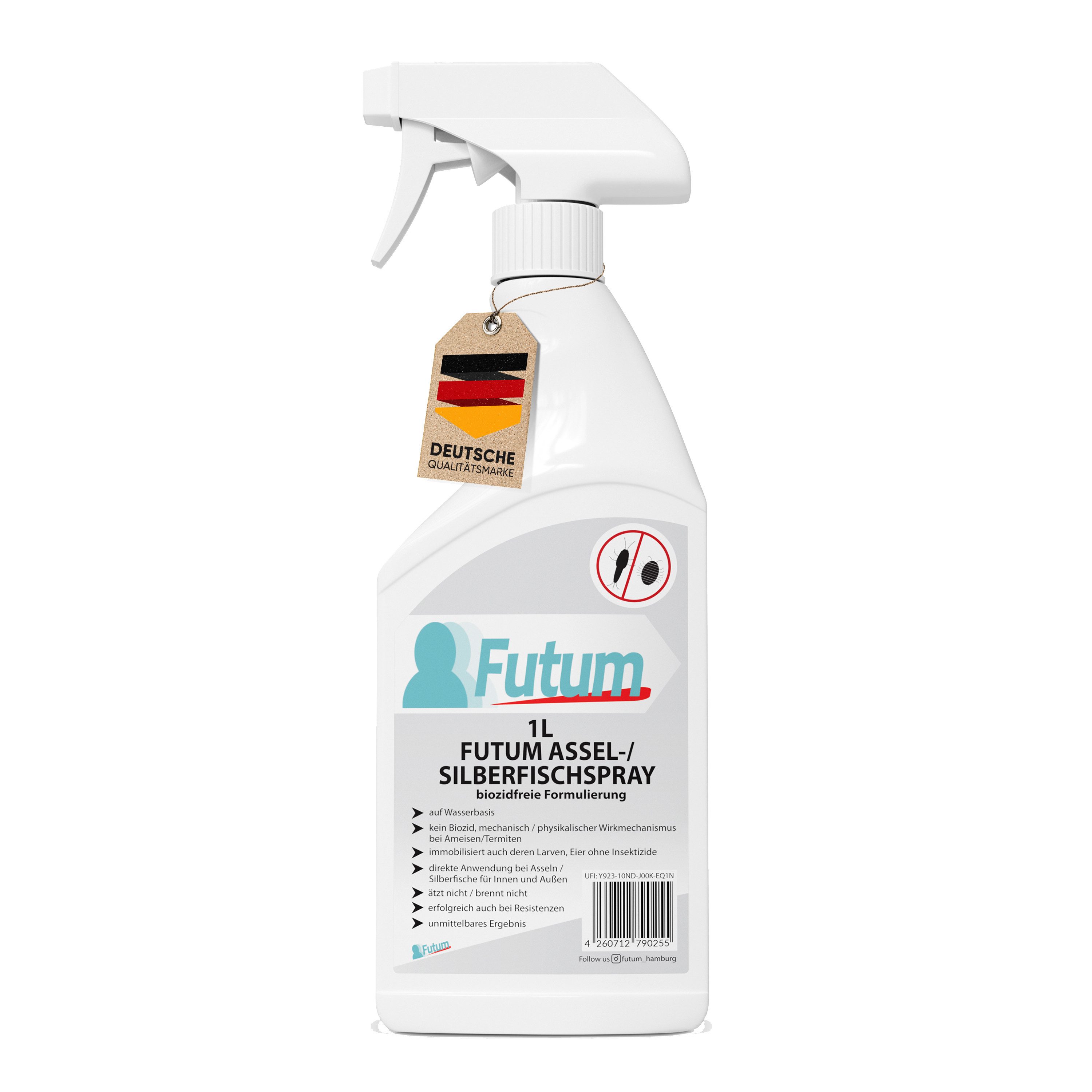 FUTUM Insektenspray Silberfisch Spray Mittel gegen Silberfische bekämpfen, 1 l, biozidfreie Formel, auf Wasserbasis, geruchsarm, brennt / ätzt nicht