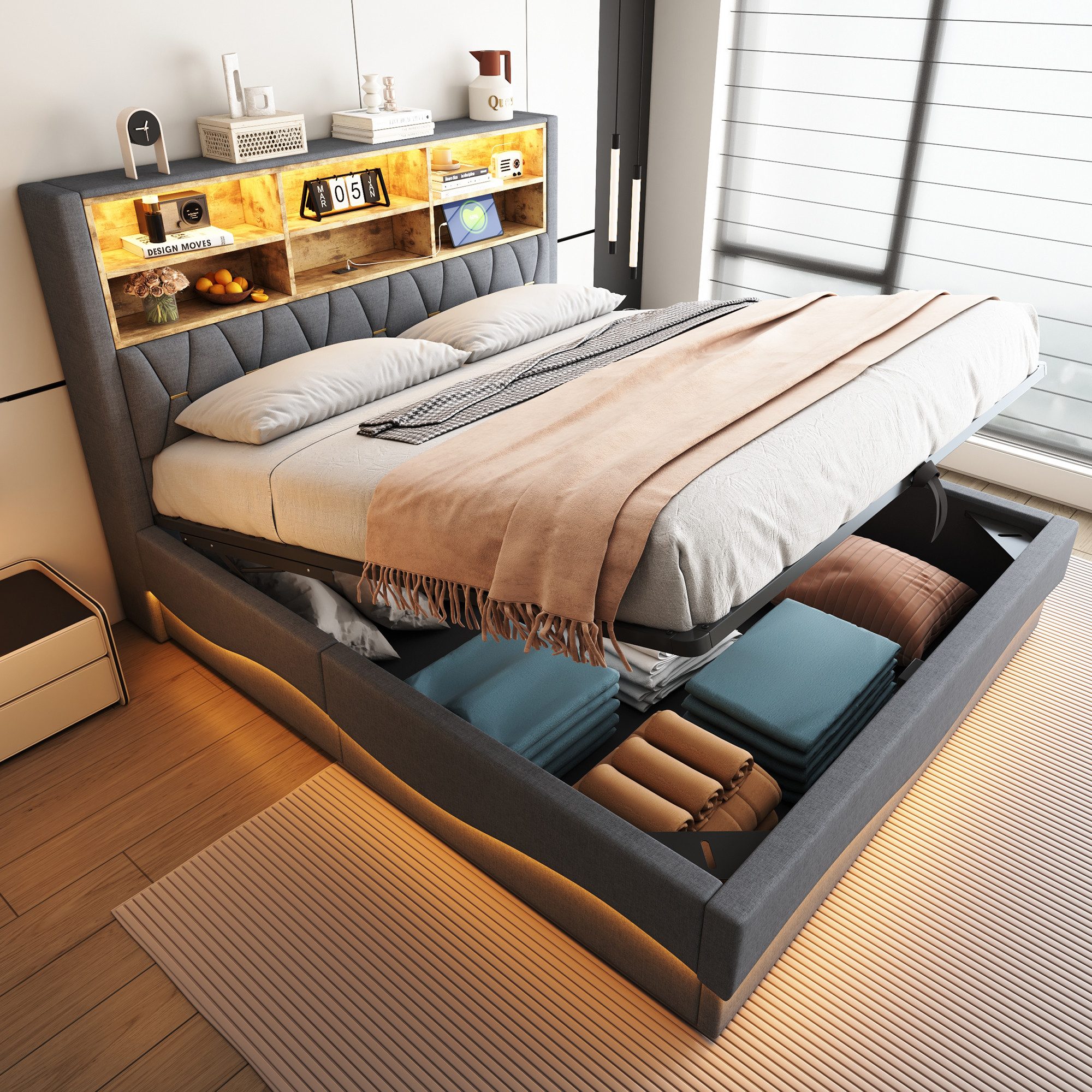 i@home Stauraumbett Doppelbett, Polsterbett Kinderbett 180×200 mit hydraulischem Stauraum (1-tlg), Mit LED-Beleuchtung und Anschluss, mit …
