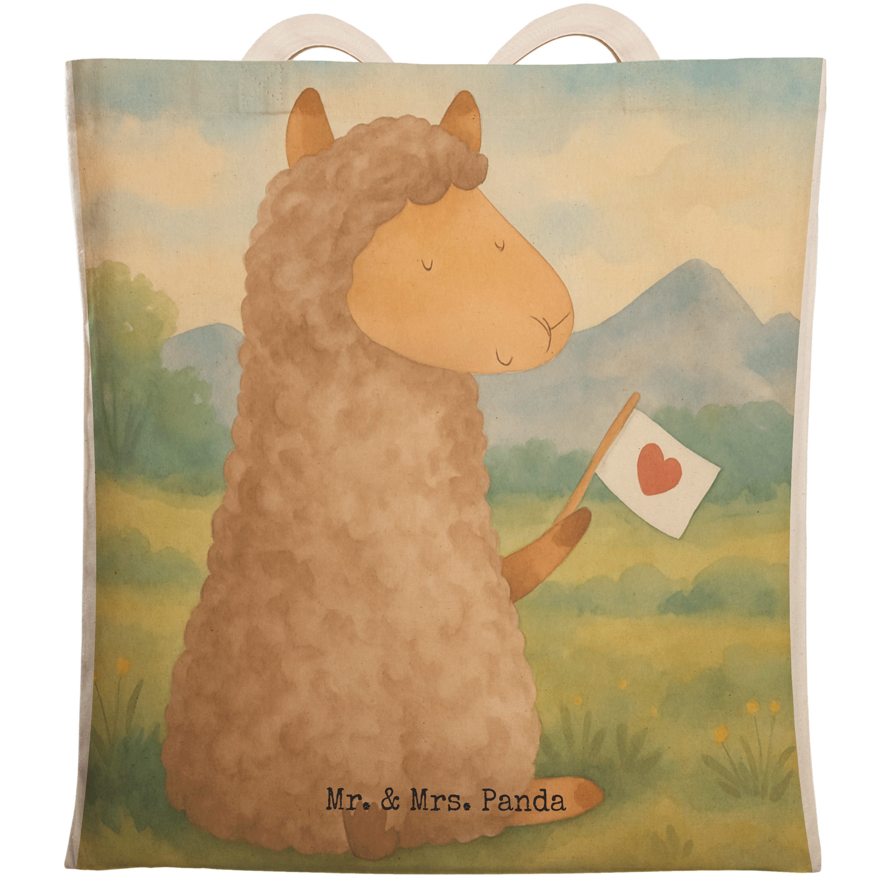 Mr. & Mrs. Panda Tragetasche Alpaka Fahne Design, Beutel, Weiß, shopping bag, Tote, Alpakas, Lamas (Packung), Tasche Shoppingtasche Beuteltasche