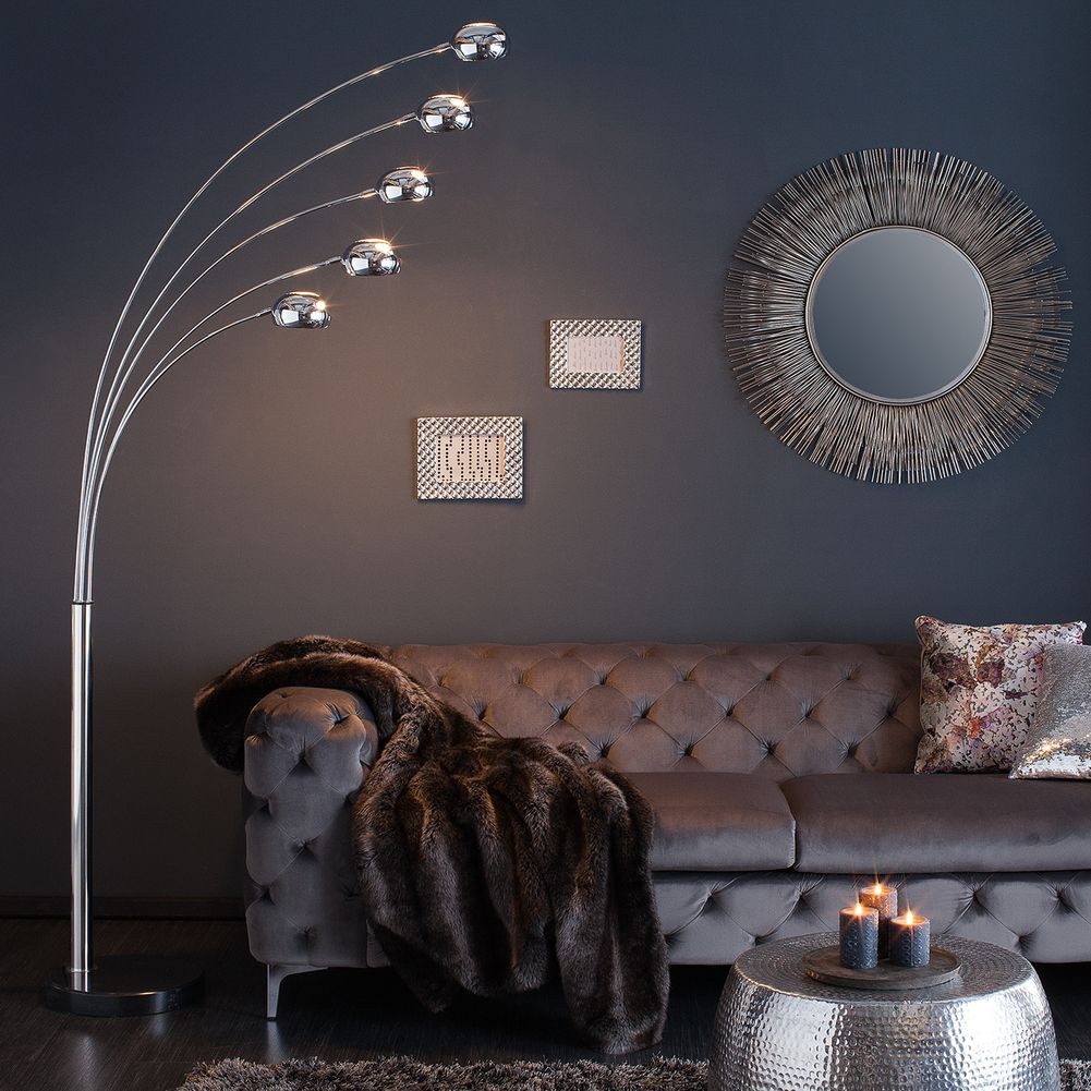 cagü Bogenlampen Design XL Stehlampe TULIPA Chrom glänzend & Marmorfuß Schwarz 205cm, Ein-/Ausschalter, ohne Leuchtmittel, E14