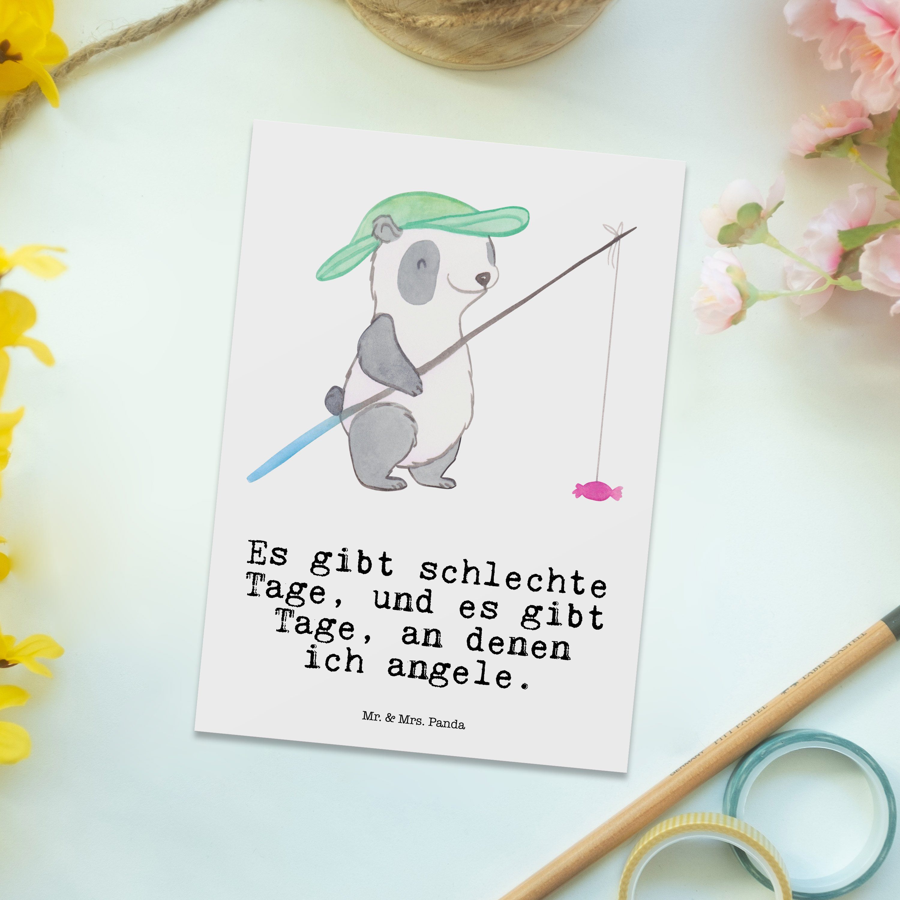 Angeln - Ei Hobbyangler, Weiß Mr. Mrs. Postkarte Panda Tage & Hobby, Panda - Schenken, Geschenk,