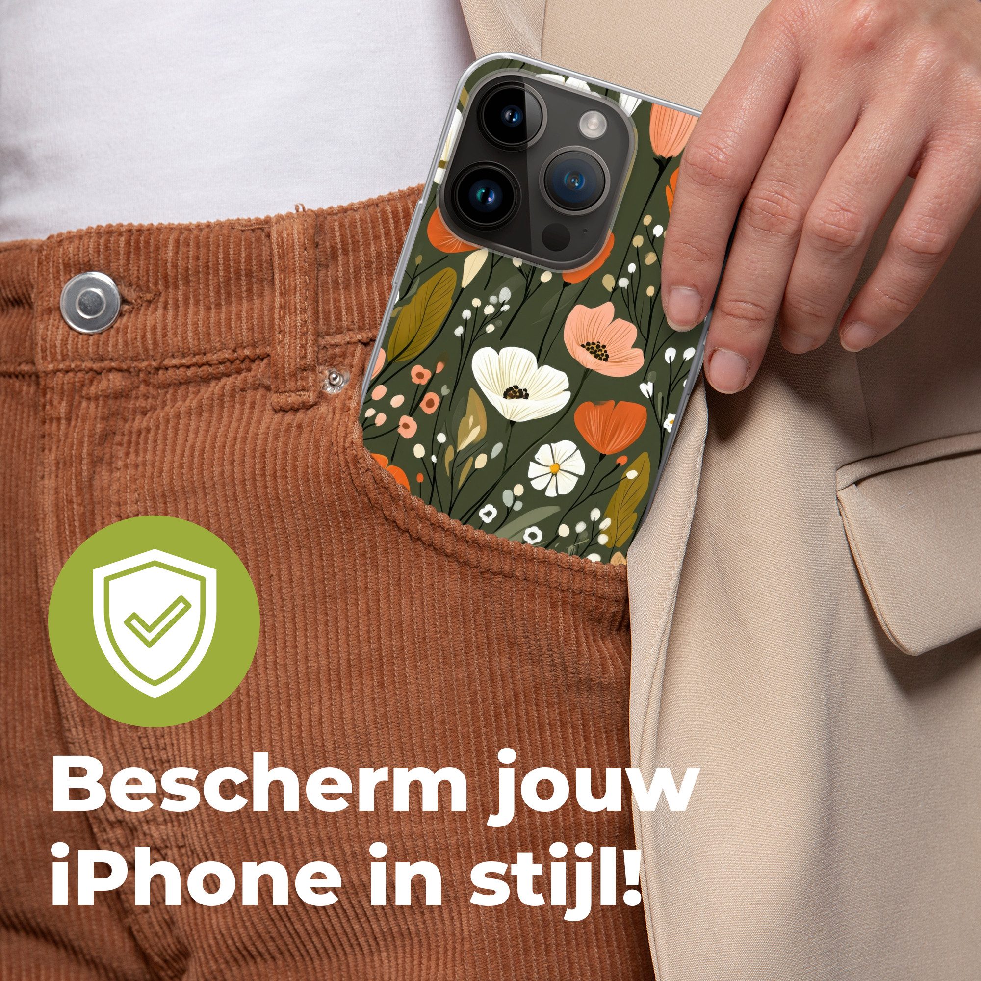 MuchoWow Handyhülle für Apple iPhone 14 Pro Blumen - Illustration - Grün, Smartphone-Bumper, Print, Handy Schutzhülle Dünn